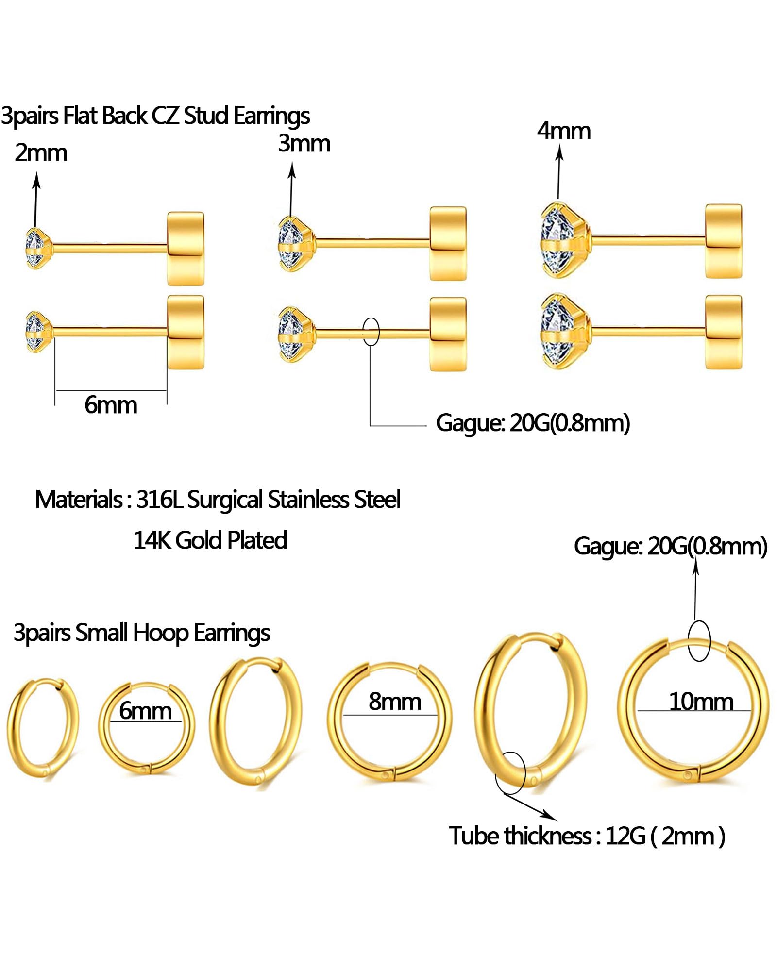 316L Surgical Stainless Steel Hypoallergenic Hoop Earrings Set - Flat Back Stud, Huggie, Cartilage & Helix Earrings for Men & Women | Perfect for Daily Wear, Gifts & Professional Settings