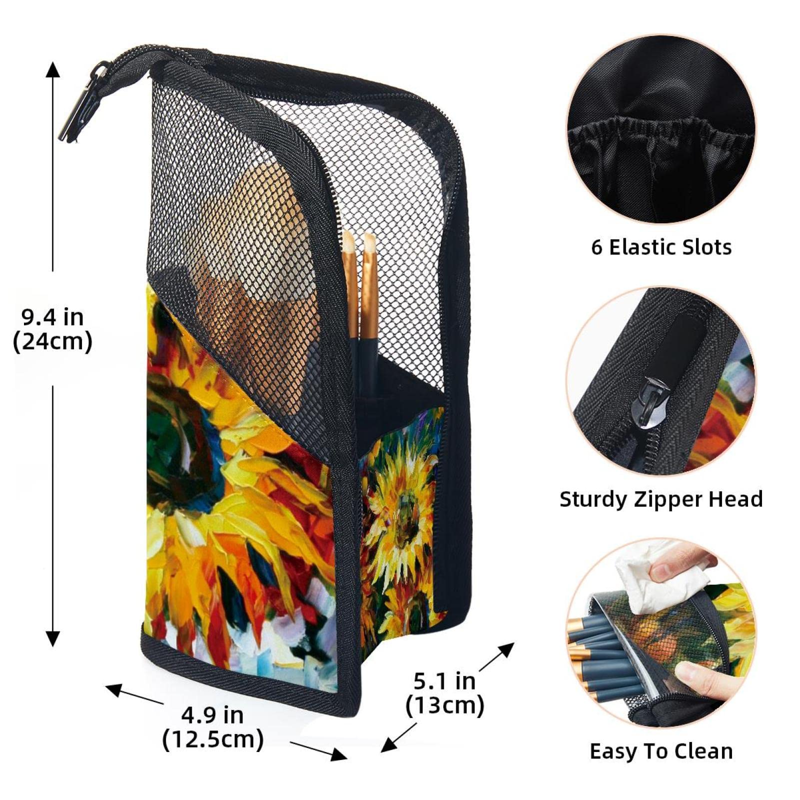 12-Piece Makeup Brush Organizer Bag with Oil Painting Sunflowers Design - Portable Cosmetic Brush Holder Case for Travel, Home & Professional Makeup Artists