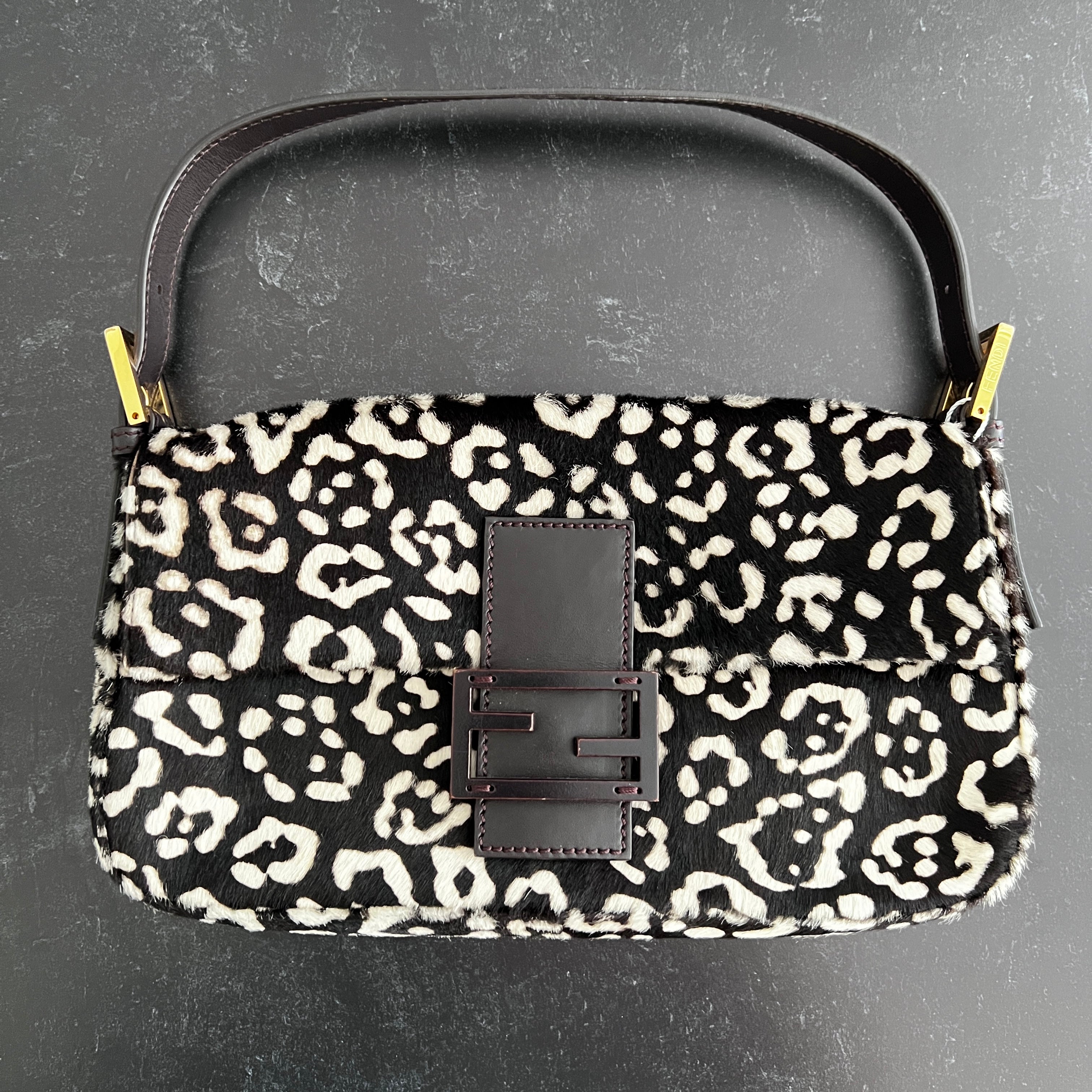 Authentic Fendi Black & White Cheetah Print Pony Hair Baguette Bag - Luxury Designer Handbag for Women, Perfect for Evening Parties & Special Occasions