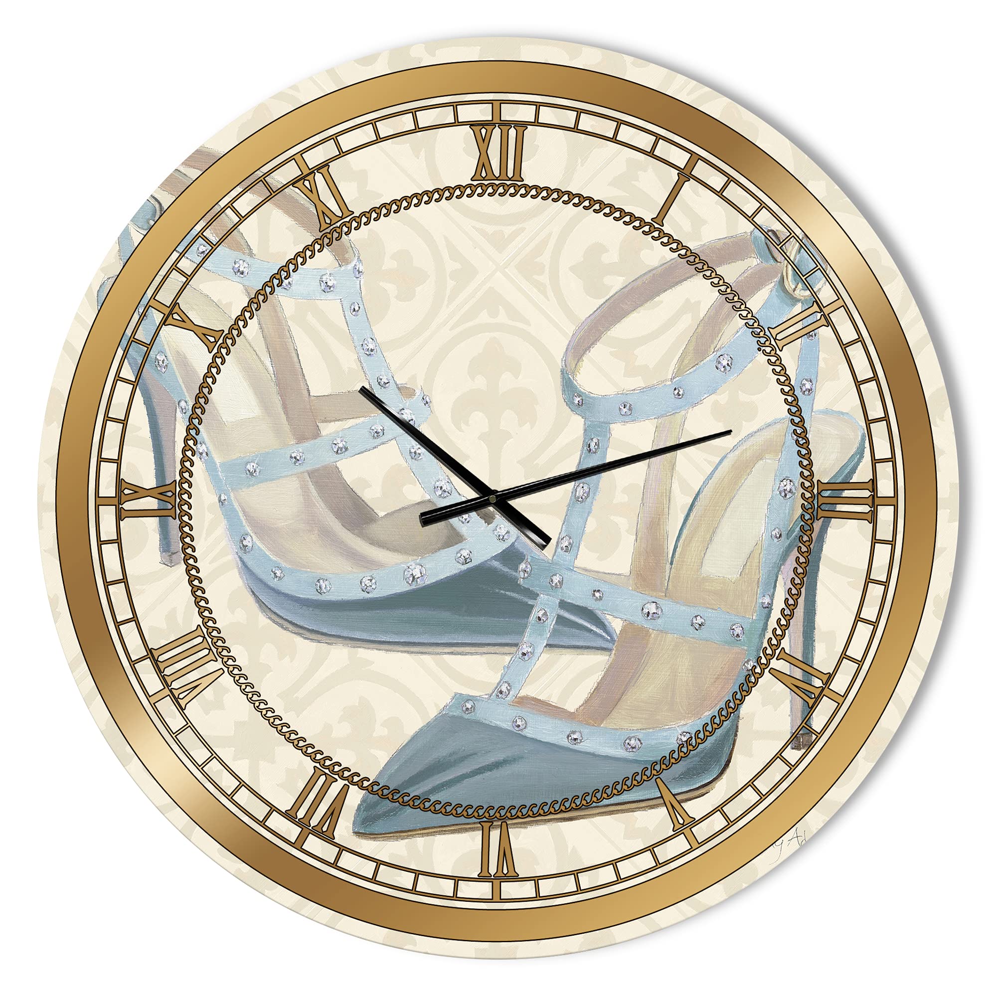 DesignQ Glam Wall Clock - Stylish 'Glam Cosmetics Blue Shoes' Large Decorative Clock for Office, Living Room & Bedroom | Perfect Home & Workplace Décor
