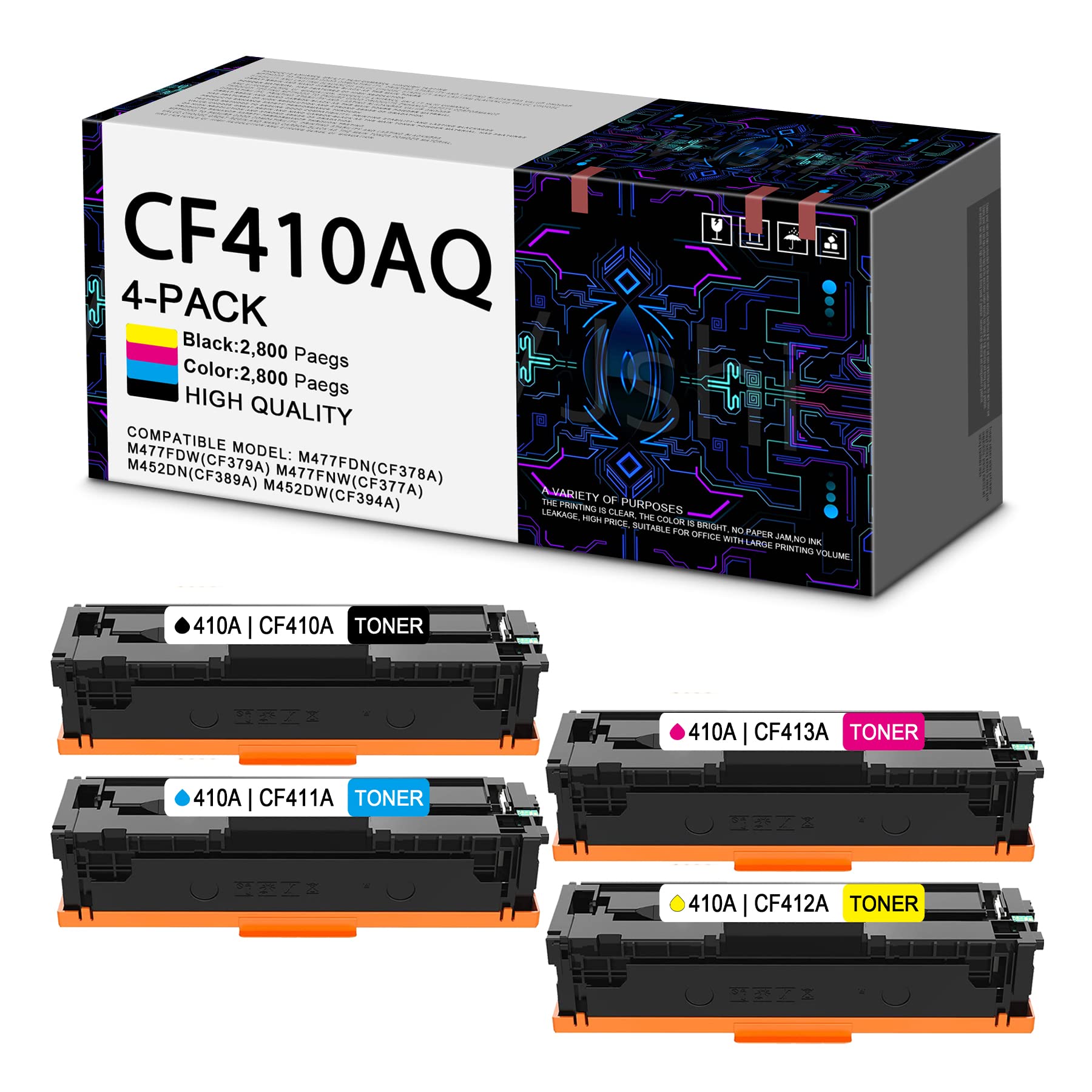 4-Pack Compatible Toner Cartridge Replacement (1BK+1C+1M+1Y) for HP M477fdn M477fdw M477fnw M452dn M452dw M452nw Printers - CF410A CF410AQ CF411A CF412A CF413A | High-Quality Office & Home Printing Solution