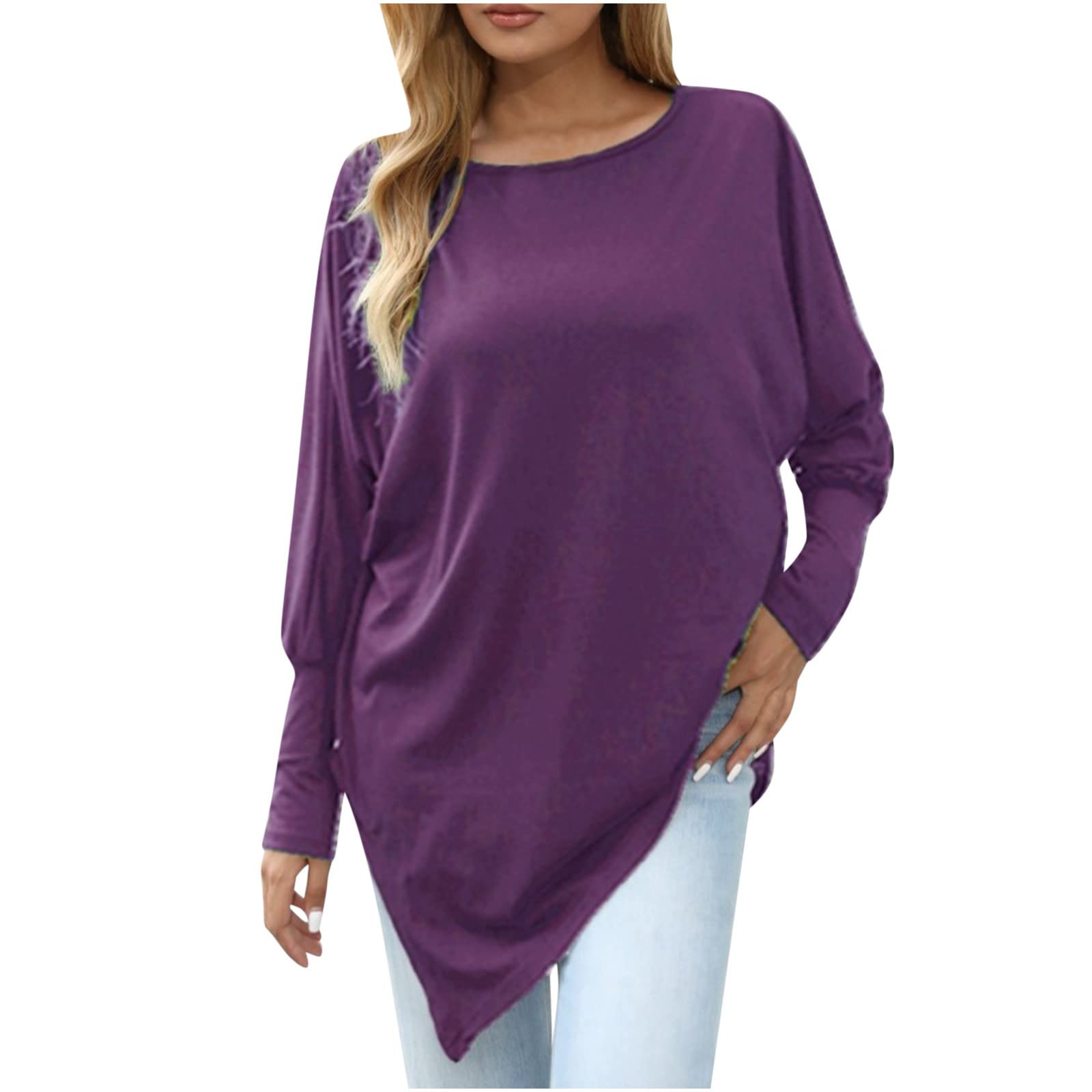 Women's Asymmetrical Hem Long Sleeve Crew Neck Pullover Shirt - Loose Flowy Tunic Blouse for Casual Wear, Work & Everyday Outfits