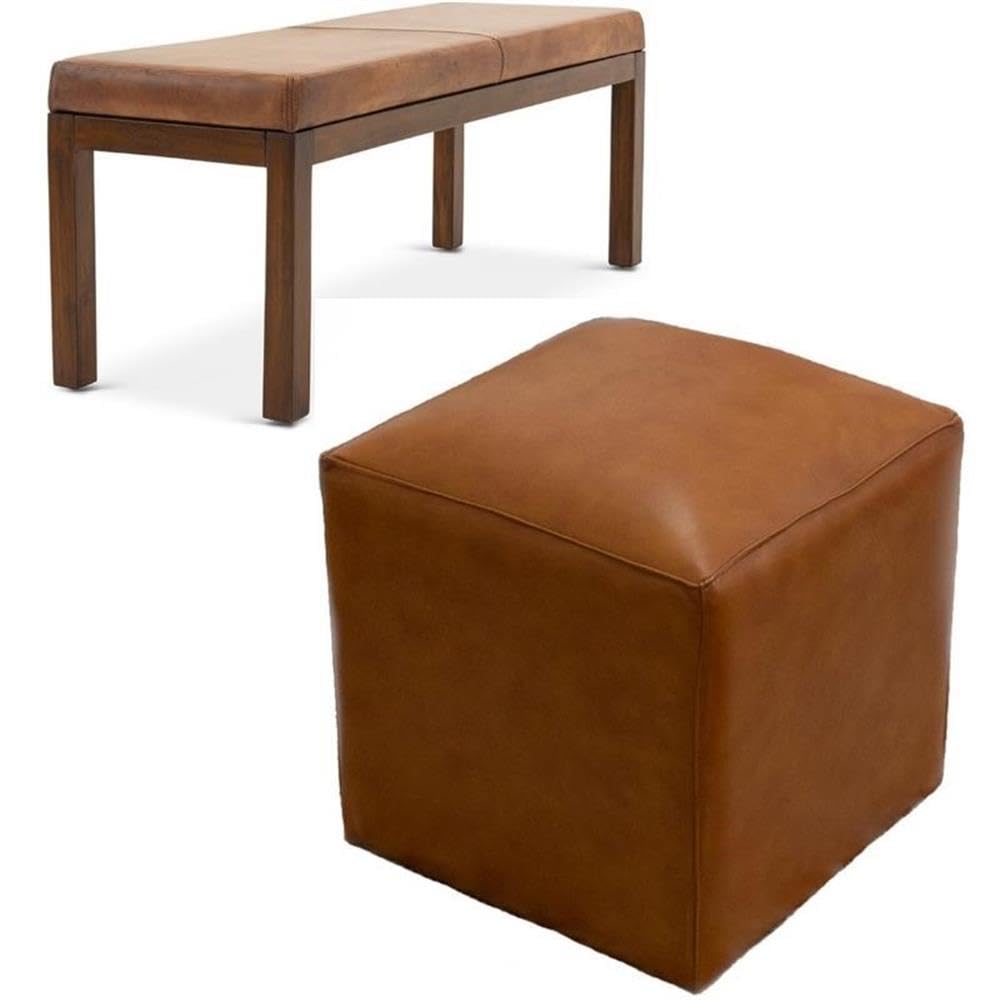 Home Square 2-Piece Genuine Leather Furniture Set - Bench & Ottoman for Living Room, Bedroom, or Entryway Decor