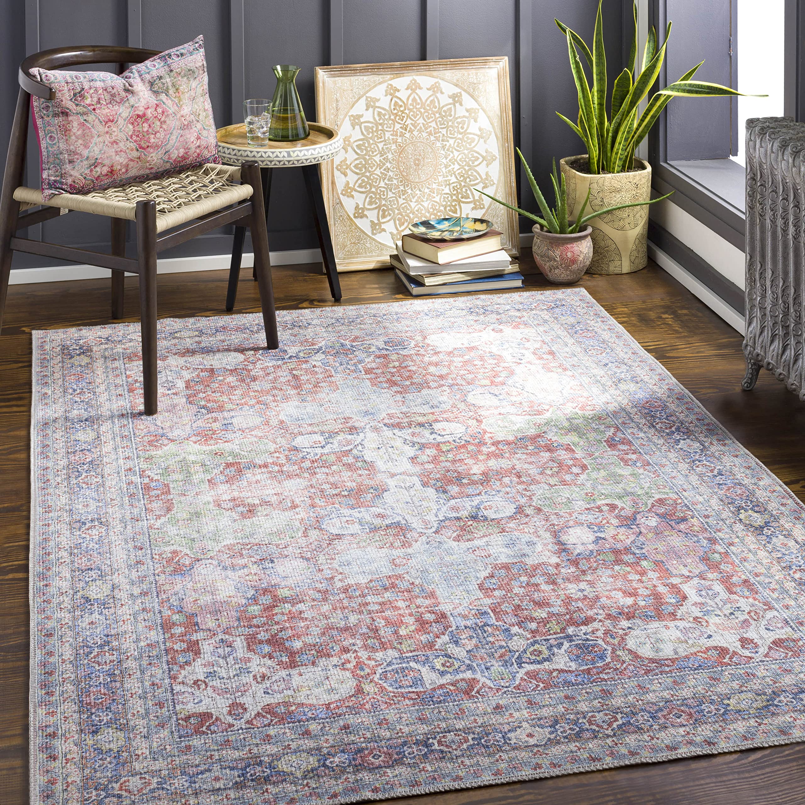 Mark&Day Washable 9x12 Traditional Blush Area Rug - Machine Washable Orange Blue Cream Carpet for Living Room, Bedroom, Kitchen | Durable & Stylish Home Decor for High Traffic Areas (8'10
