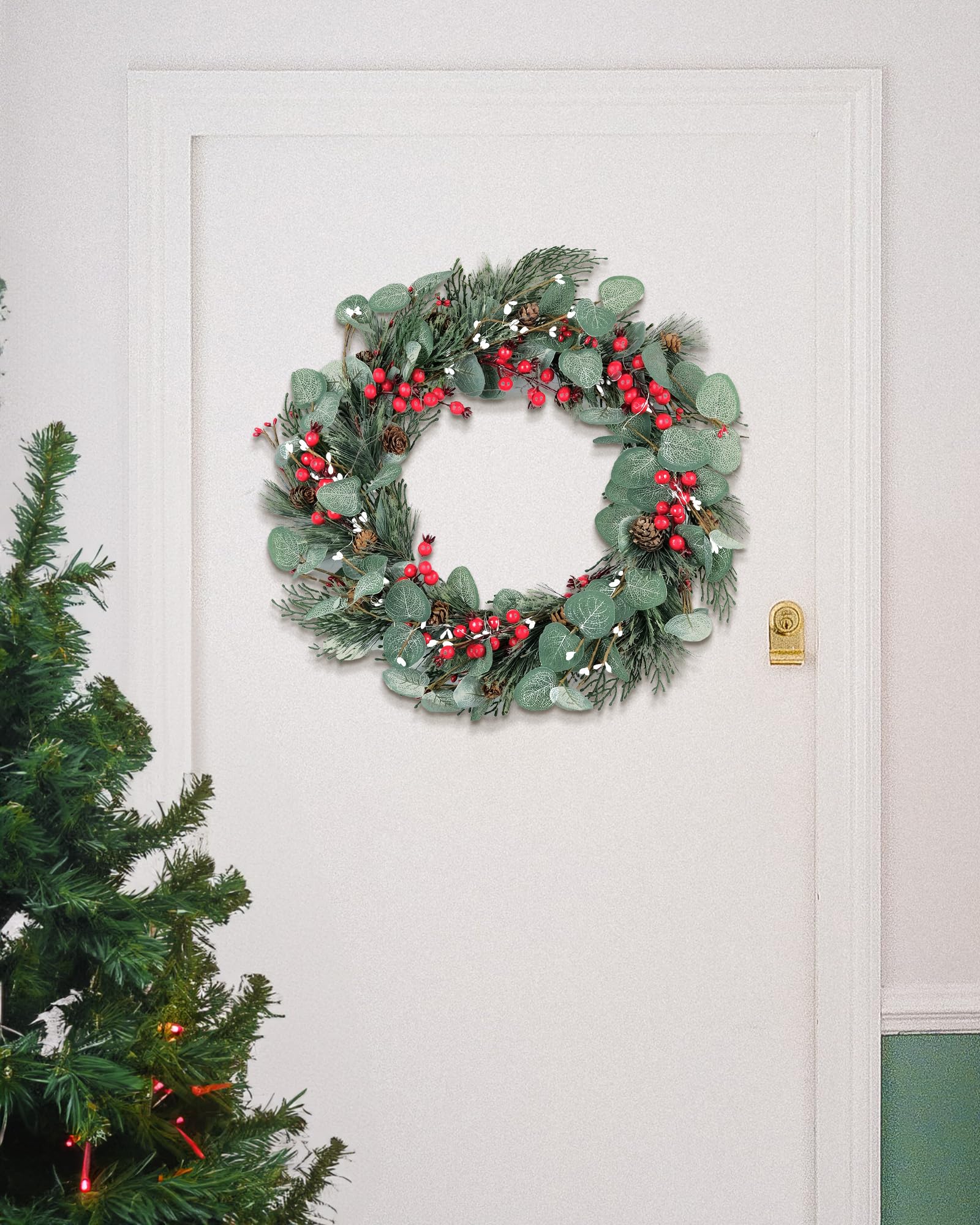 DN DECONATION 20 Inch Battery Operated LED Lighted Spring Wreath - Artificial Eucalyptus Summer Wreath with Pine Cones & Berry Clusters for Front Door Holiday Decor - Perfect for Easter, Christmas & Home Entryway Decorations