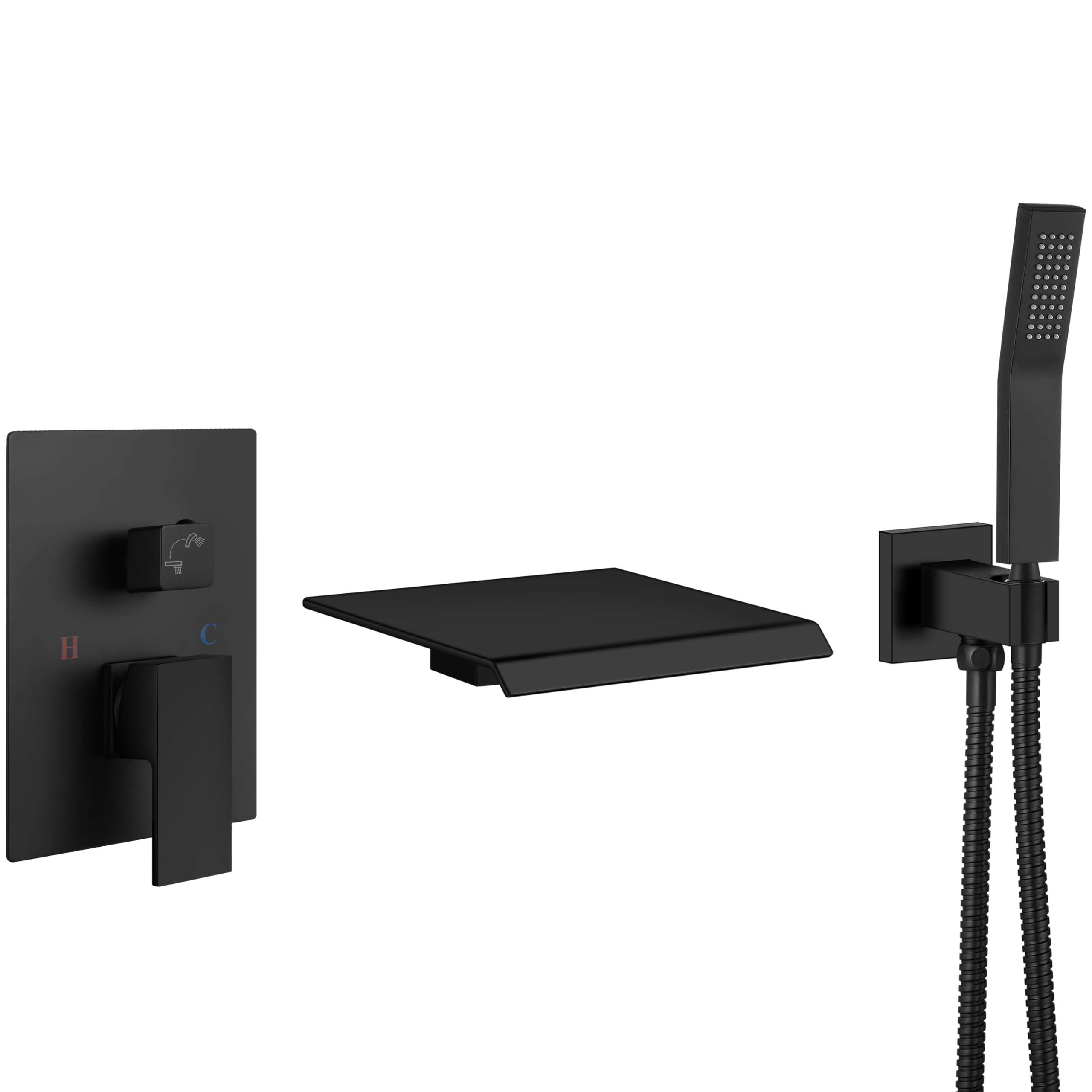 **Aolemi Matte Black Wall Mount Bathtub Faucet Set - Solid Brass Waterfall Tub Filler with Handheld Sprayer & Single Handle Rough-in Valve, Bevel Angle Spout - Perfect for Modern Bathroom & Spa Retreats**