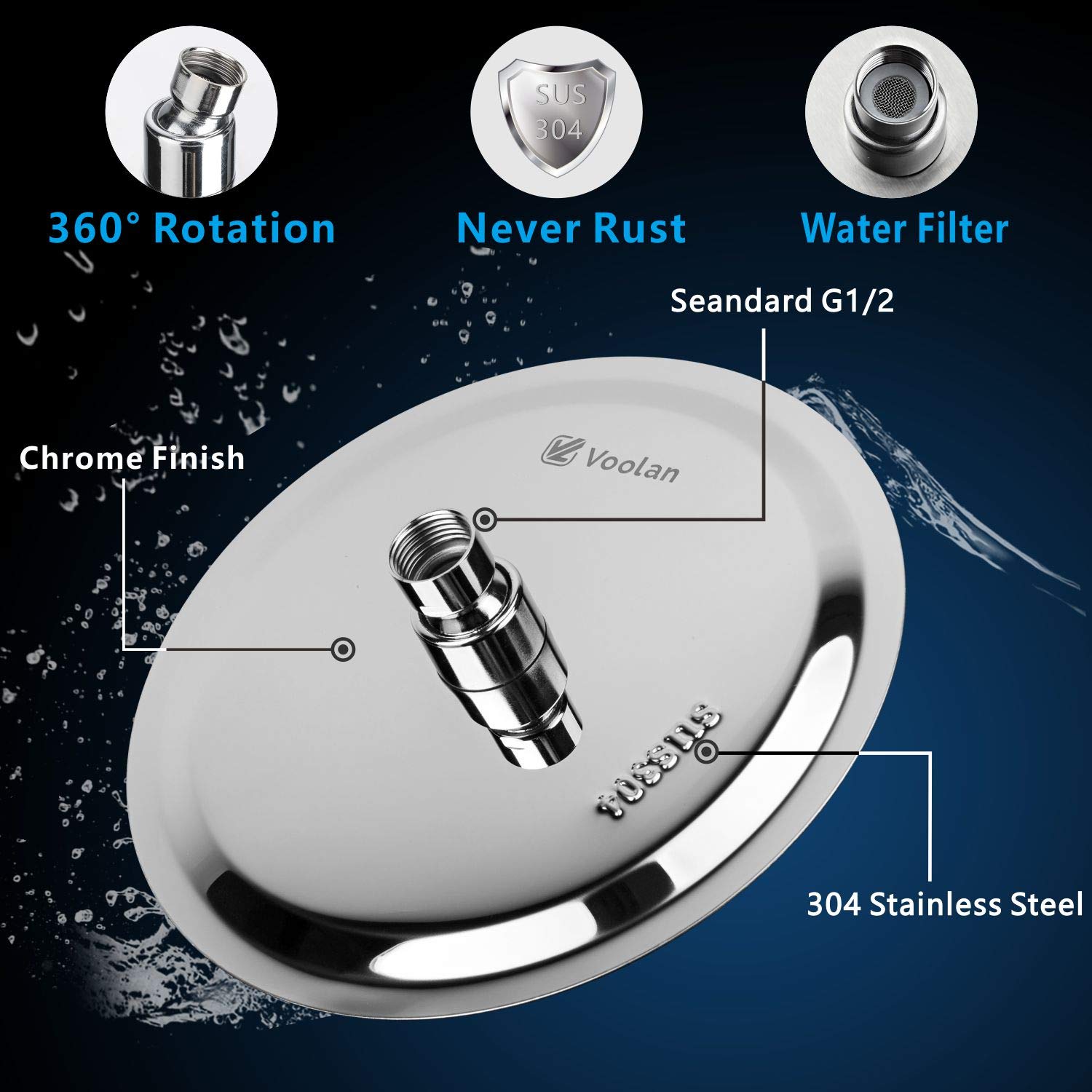 Voolan 8 Inch Rainfall Shower Head with 6 Inch Shower Arm - High Pressure Stainless Steel Showerhead for Strong Water Flow - Chrome Finish for Bathroom & Spa Relaxation - Perfect for Low Water Pressure Homes & Luxury Showers