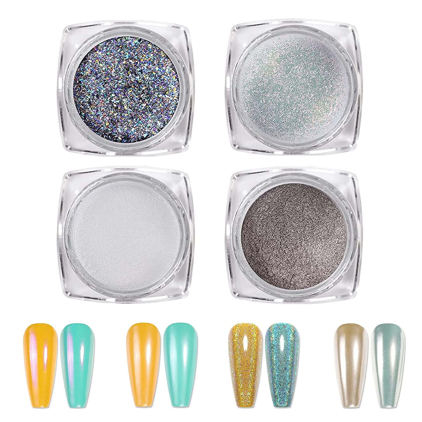 Chrome Nail Powder 4 Pack - Holographic Mirror Glitter Dust for Nails, Chameleon Mermaid Pearl Pigment - DIY Nail Art Decoration for Salon, Home Manicure & Party Makeup