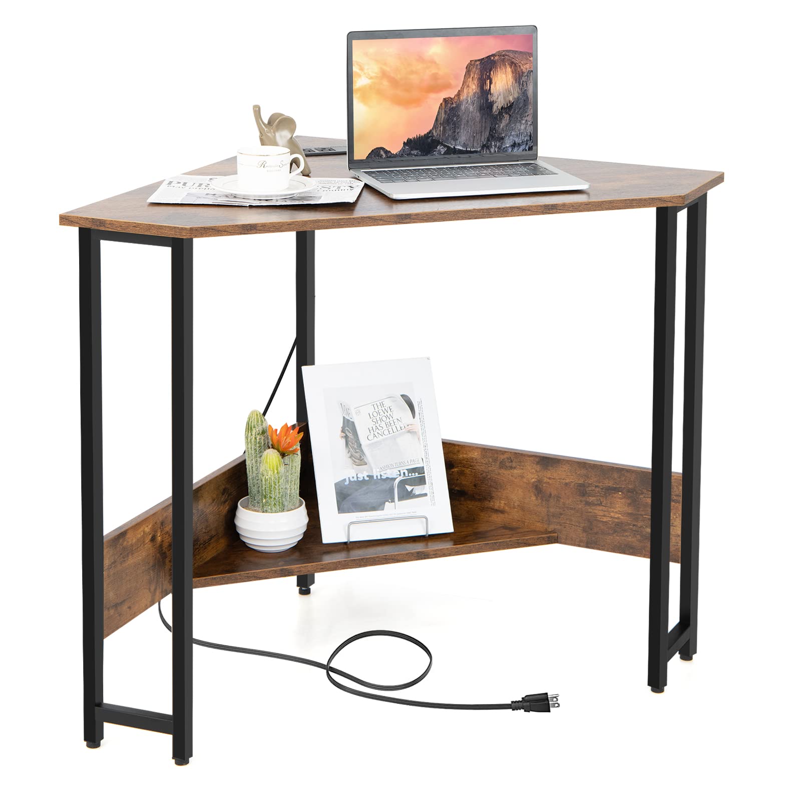 Tangkula Rustic Brown Corner Desk with Power Outlet & USB Ports - Compact Triangle Computer Desk with Charging Station, Storage Shelf for Home Office, Gaming, Study & Small Spaces - Space-Saving Writing Desk & Vanity Table for Apartments & Dorm Rooms