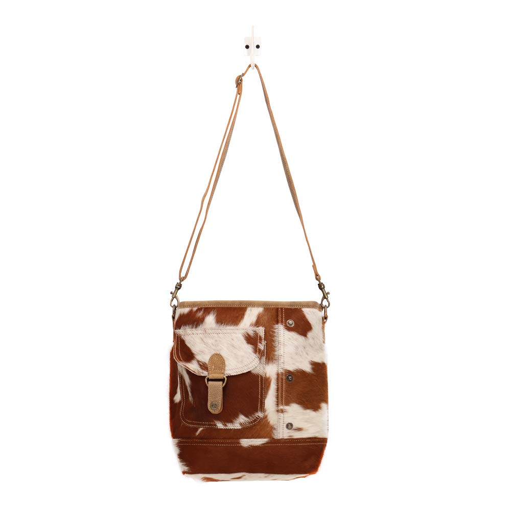 Myra Bag Nut Brown Upcycled Canvas & Cowhide Shoulder Bag S-1463 - Eco-Friendly Vegan Leather Crossbody Purse for Women, Perfect for Work, Travel & Everyday Use