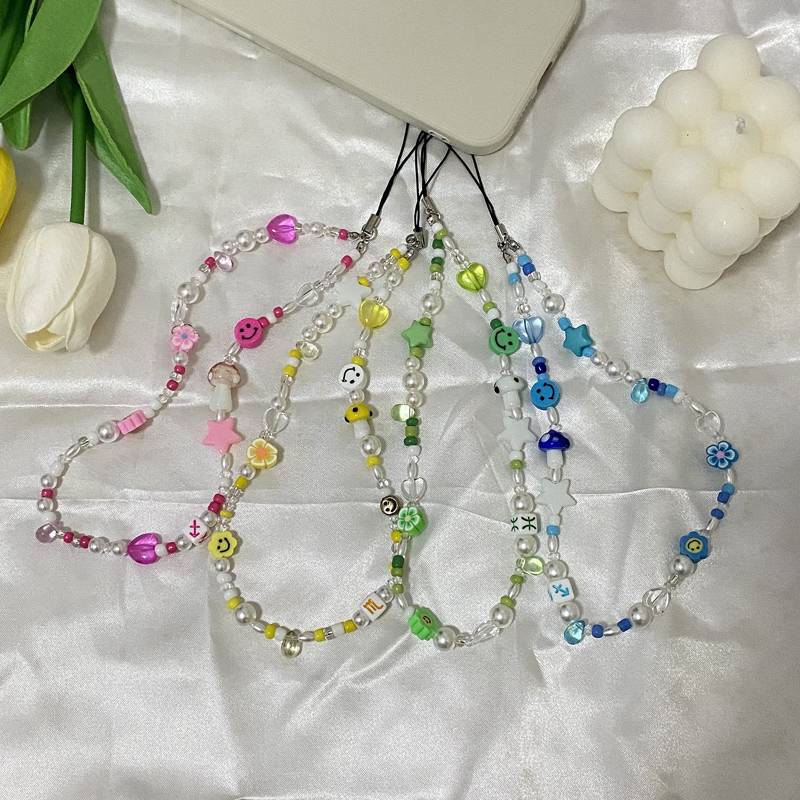 Beaded Phone Charm & Lanyard Wrist Strap - Polymer Clay Smiley Face Beads Bracelet Keychain Jewelry for Cell Phones - Perfect for School, Work, Travel & Everyday Use