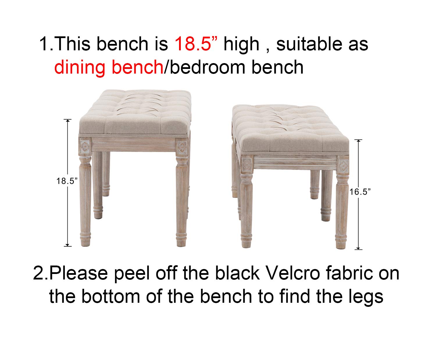 Kmax Upholstered Dining Room Bench - Rustic Living Room Ottoman with Carved Pattern & White Brushed Rubber Wood Legs, Beige - Perfect for Farmhouse Dining Sets, Entryway Seating or Bedroom Decor