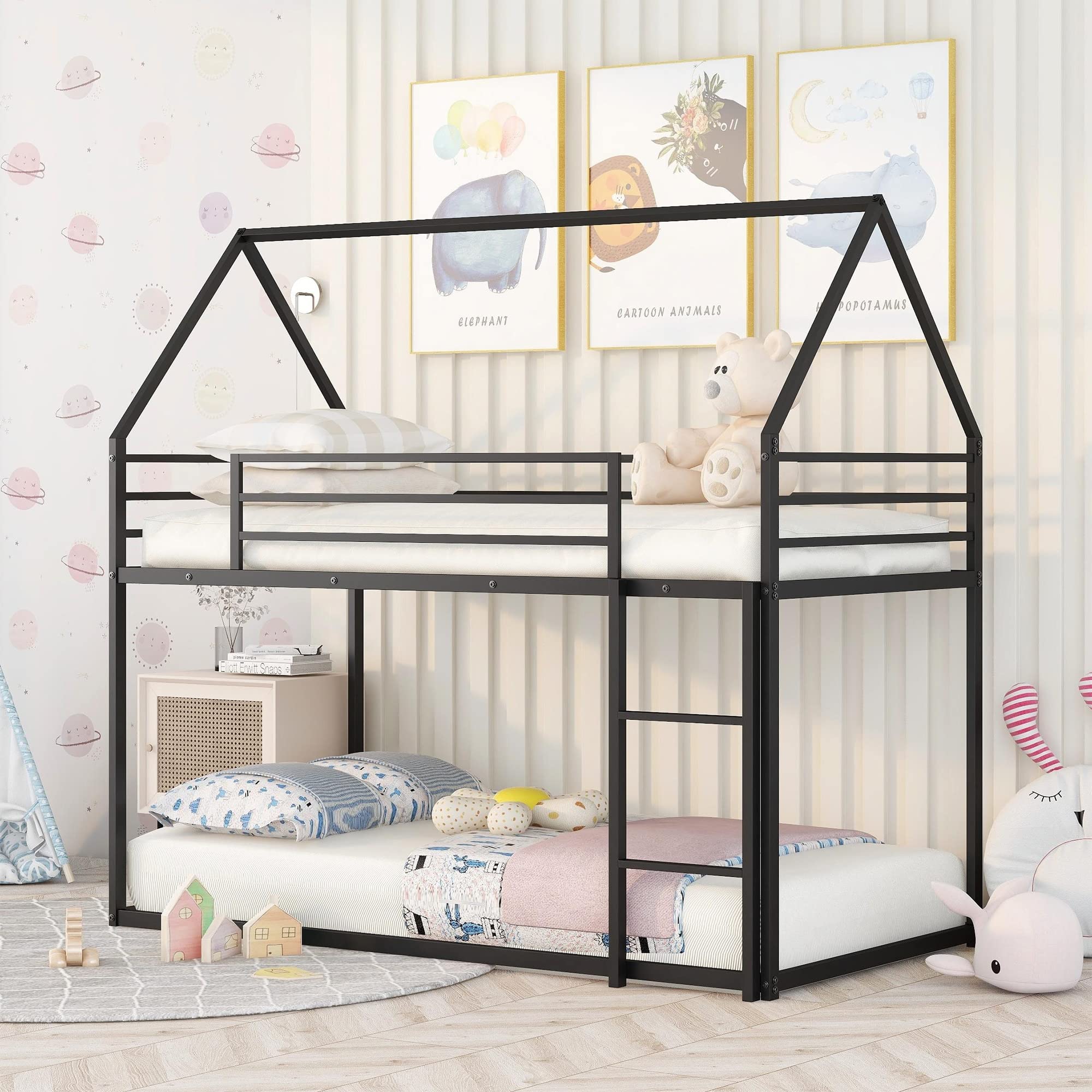 **Metal Twin Over Twin Bunk Bed with Roof - Sturdy House Bunk Bed for Kids & Toddlers - Black - Perfect for Kids' Bedrooms, Playrooms & Small Spaces**