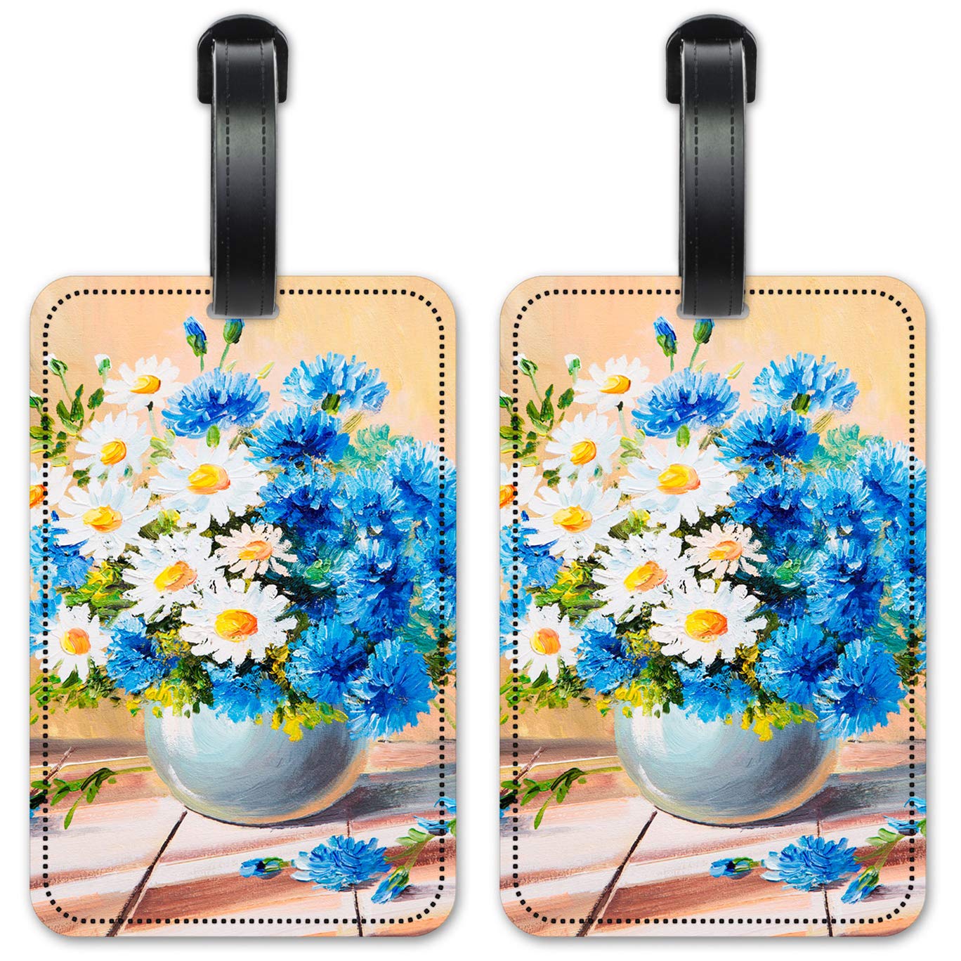 Blue & White Daisy Luggage ID Tags - Set of 2 Waterproof Suitcase Identification Cards for Travel - Perfect for Airports, Cruise Ships & Business Trips