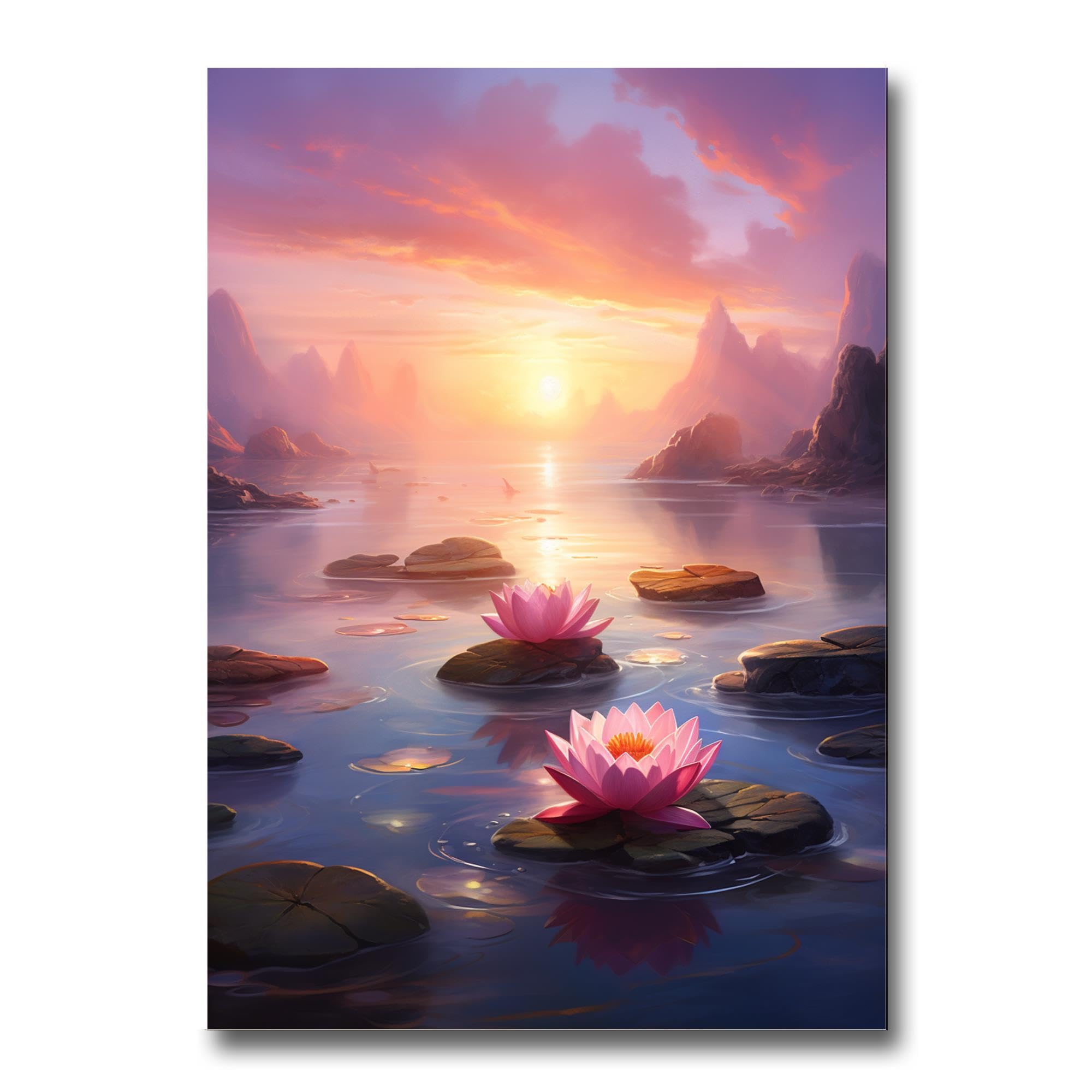 Zen Wall Art Decor - Framed Zen Garden Poster with Stone Flower & Peaceful Water Sunset - Meditation & Yoga Room Decor for Home, Office, Spa - Perfect for Relaxation & Mindfulness Spaces