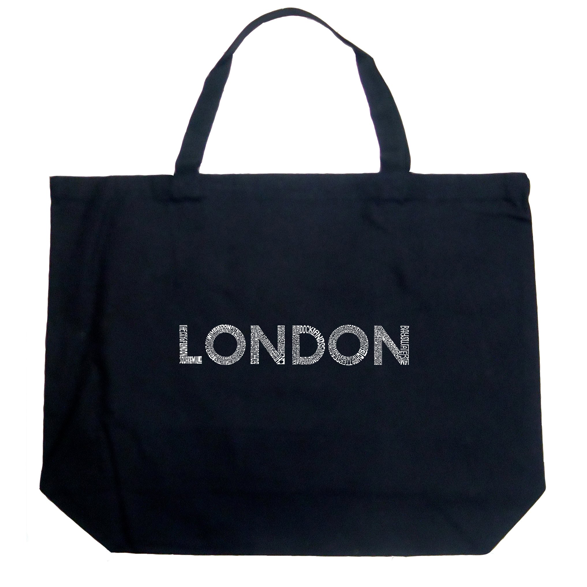 LA POP ART Word Art Large Tote Bag - London Neighborhoods Design - Stylish Black Canvas Shopper Bag for Women, Perfect for Travel, Shopping & Everyday Use