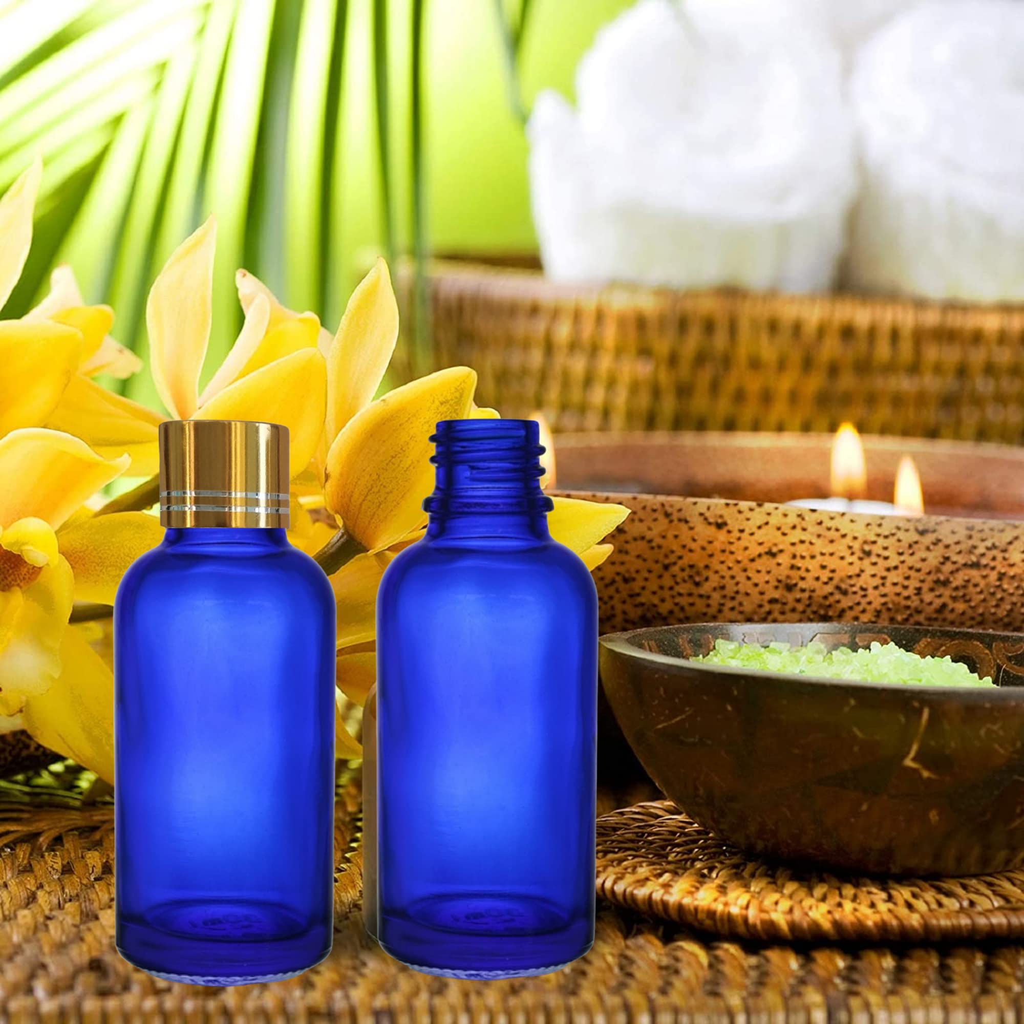 Refillable Blue Glass Bottles with Golden Cap - 6 Pack 30ml Round Cosmetic Containers for Essential Oils, Serums & DIY Skin Care | Travel-Friendly V-Drop Nozzle | Perfect for Home Spa, Beauty Storage & Gift Packaging