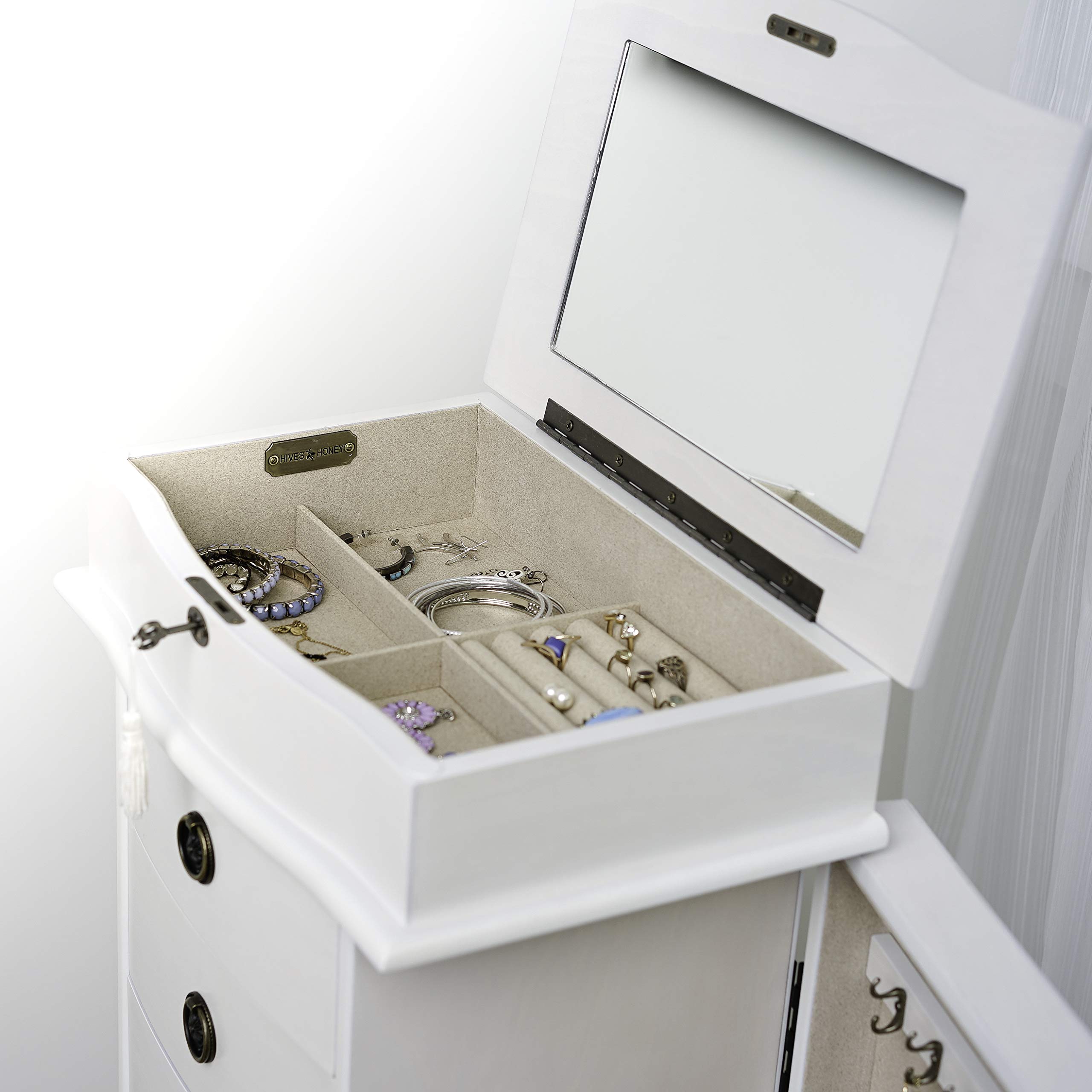 Hives & Honey Noel Standing Jewelry Armoire Cabinet with Lock - White Jewelry Storage Organizer with Flip Mirror, 2 Side Doors & 7 Drawers for Necklaces, Earrings, Bracelets | Perfect for Bedroom, Closet & Dressing Room Organization