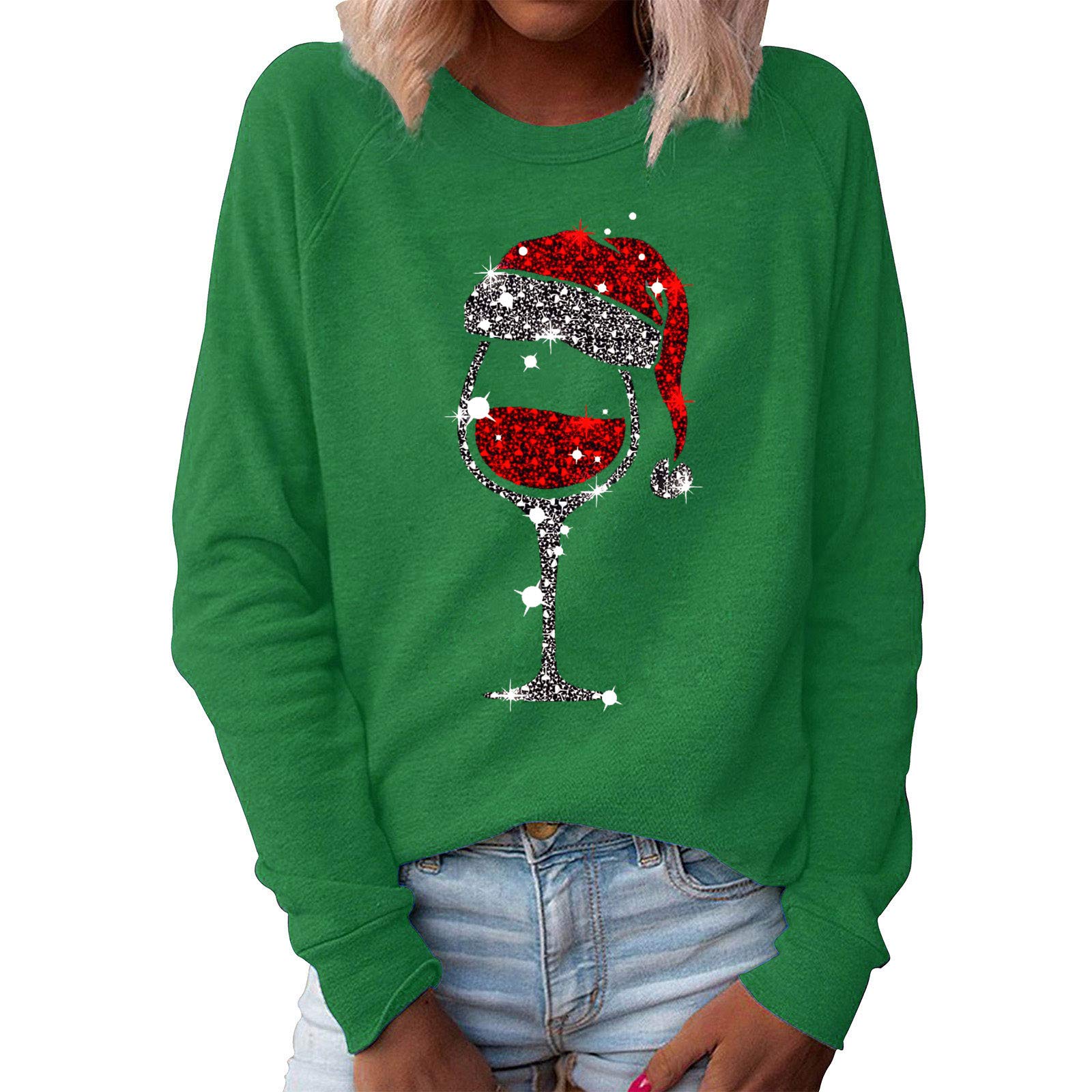 Funny Christmas Sweatshirts for Women - Wine Glass Print Ugly Xmas Graphic Crewneck Shirts | Holiday Party Outfit & Gift Idea 2022