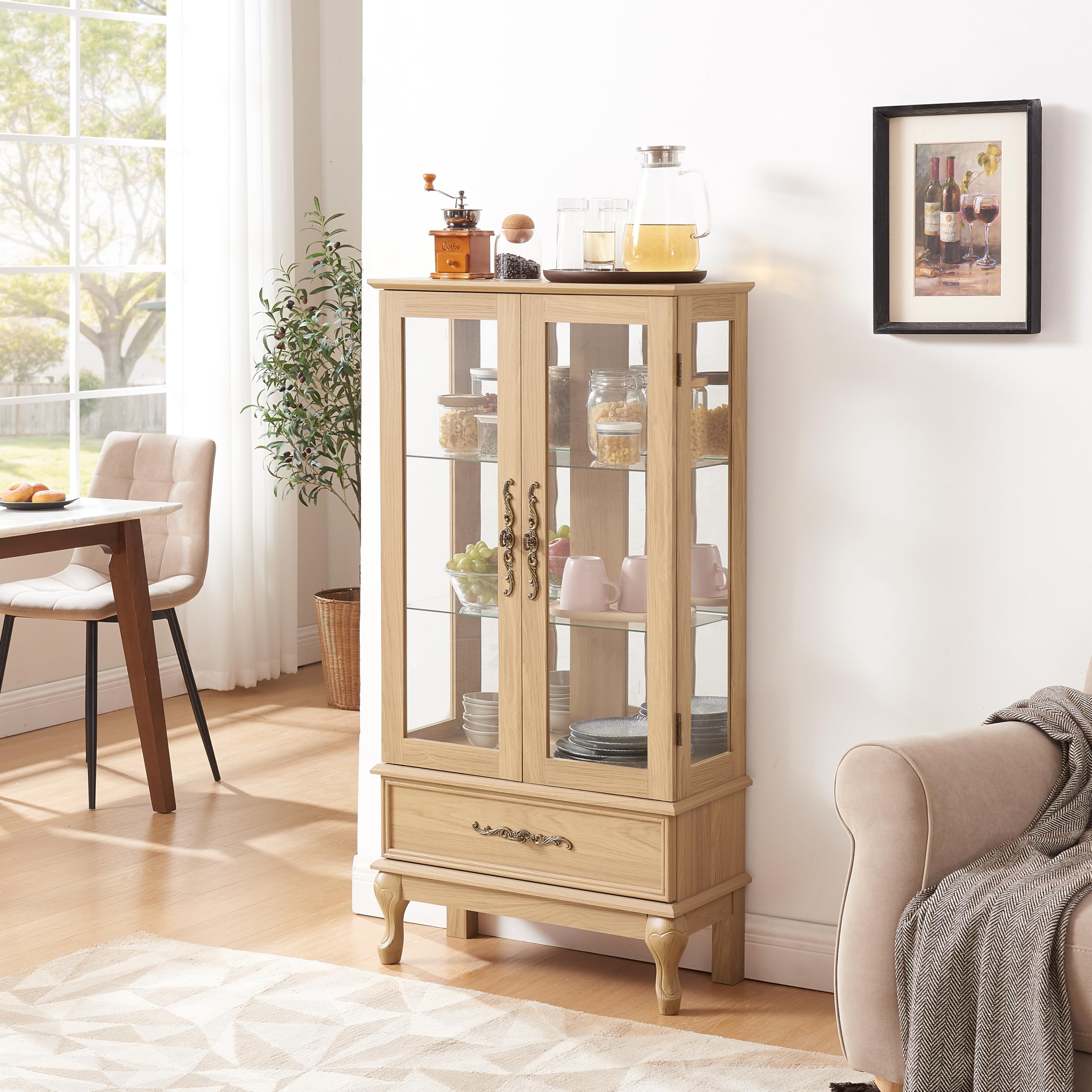 Light Oak Curio Display Cabinet with Adjustable Glass Shelves - 2 Door Glass Wine Cabinet with LED Lighting & Drawer - Perfect for Dining Room, Living Room or Bar Storage