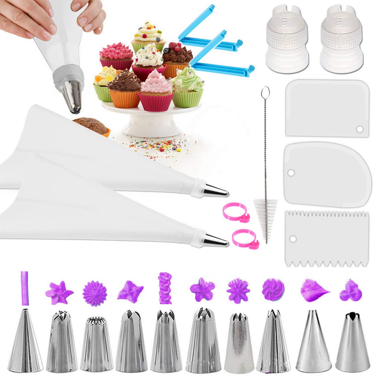 22-Piece Cake Decorating Kit with Piping Bags, Tips & Tools - 2 Reusable Icing Bags, 10 Nozzles, Couplers, Ties, Smoothers & Brush for Baking, Cupcakes, Cookies & Pastry Decoration