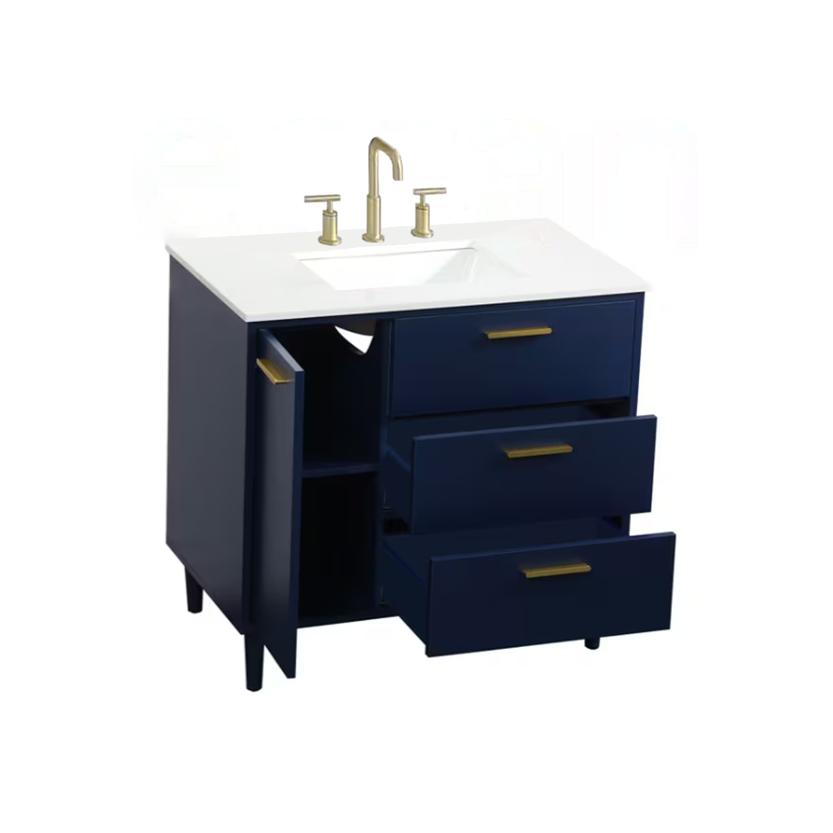 VF47036MBL 36 x 22 Inch White Floor Mount Vanity Top with Faucet Hole & Blue 3-Drawer Vanity Base - Perfect for Bathroom Remodeling and Small Space Solutions