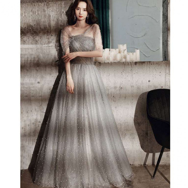 Elegant Beaded Gray Tulle Prom Dress - A-Line Formal Evening Gown for Homecoming, Quinceañera & Special Occasions