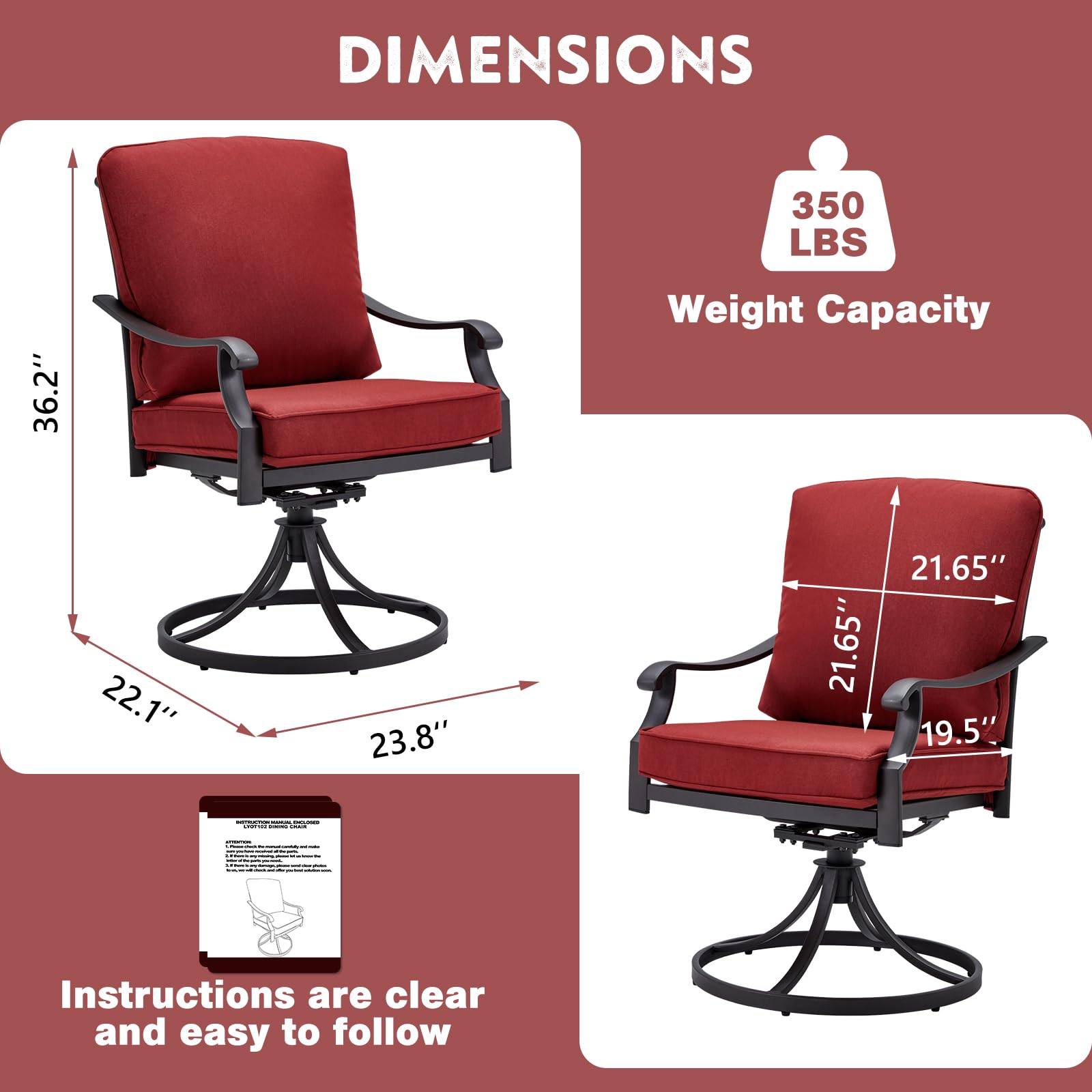 MELLCOM Heavy Duty Outdoor Swivel Dining Chairs Set of 2 with Thickened Cushions - Metal Patio Rocking Chairs for Garden, Lawn, Porch, Backyard & Poolside - Red (Perfect for Outdoor Entertaining, Relaxing & Dining)