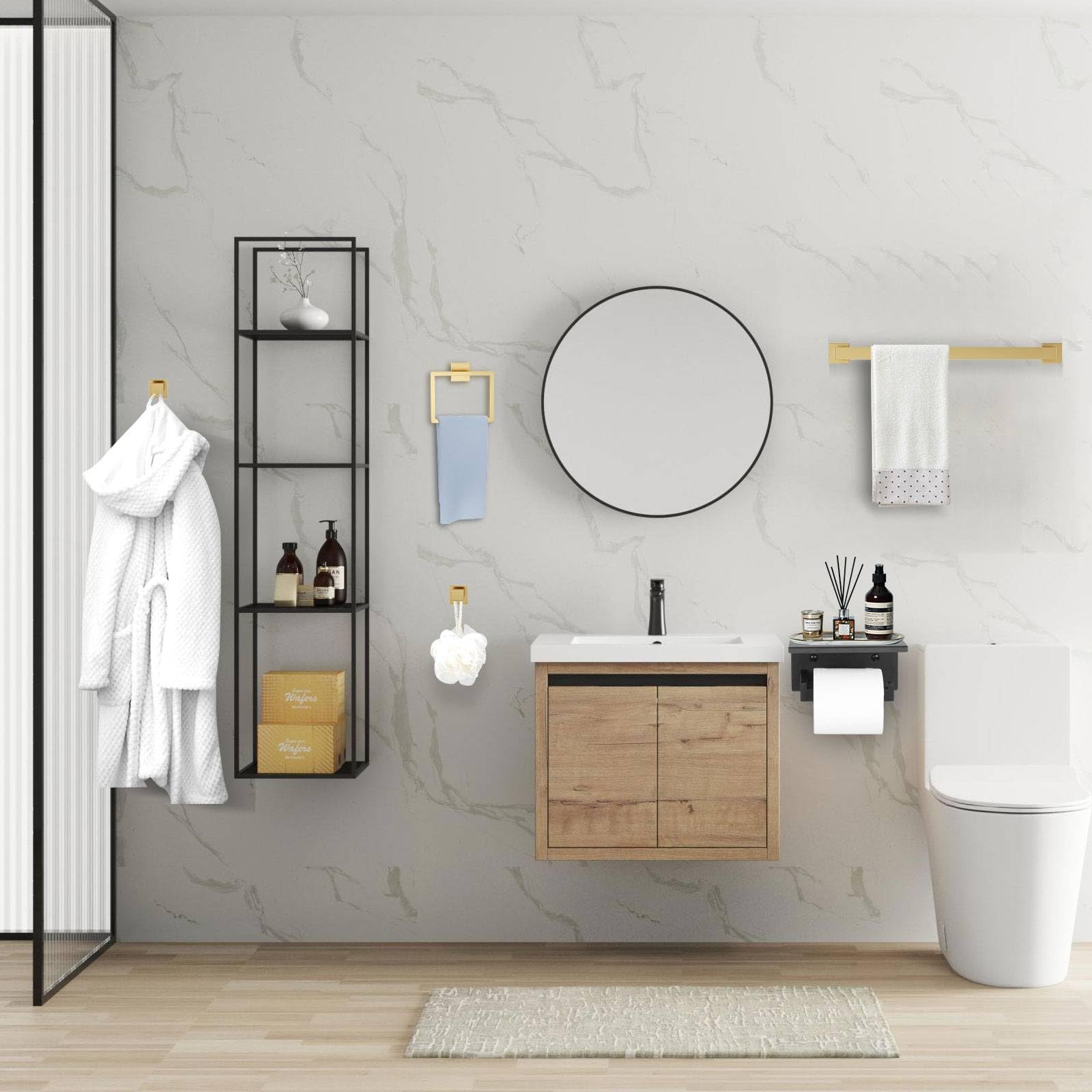 5-Piece Brushed Gold Bathroom Hardware Set - Stainless Steel Towel Bar, Wall-Mounted Toilet Paper Holder with Shelf (23.6 Inch) - Modern Bathroom Accessories for Home & Hotel Decor