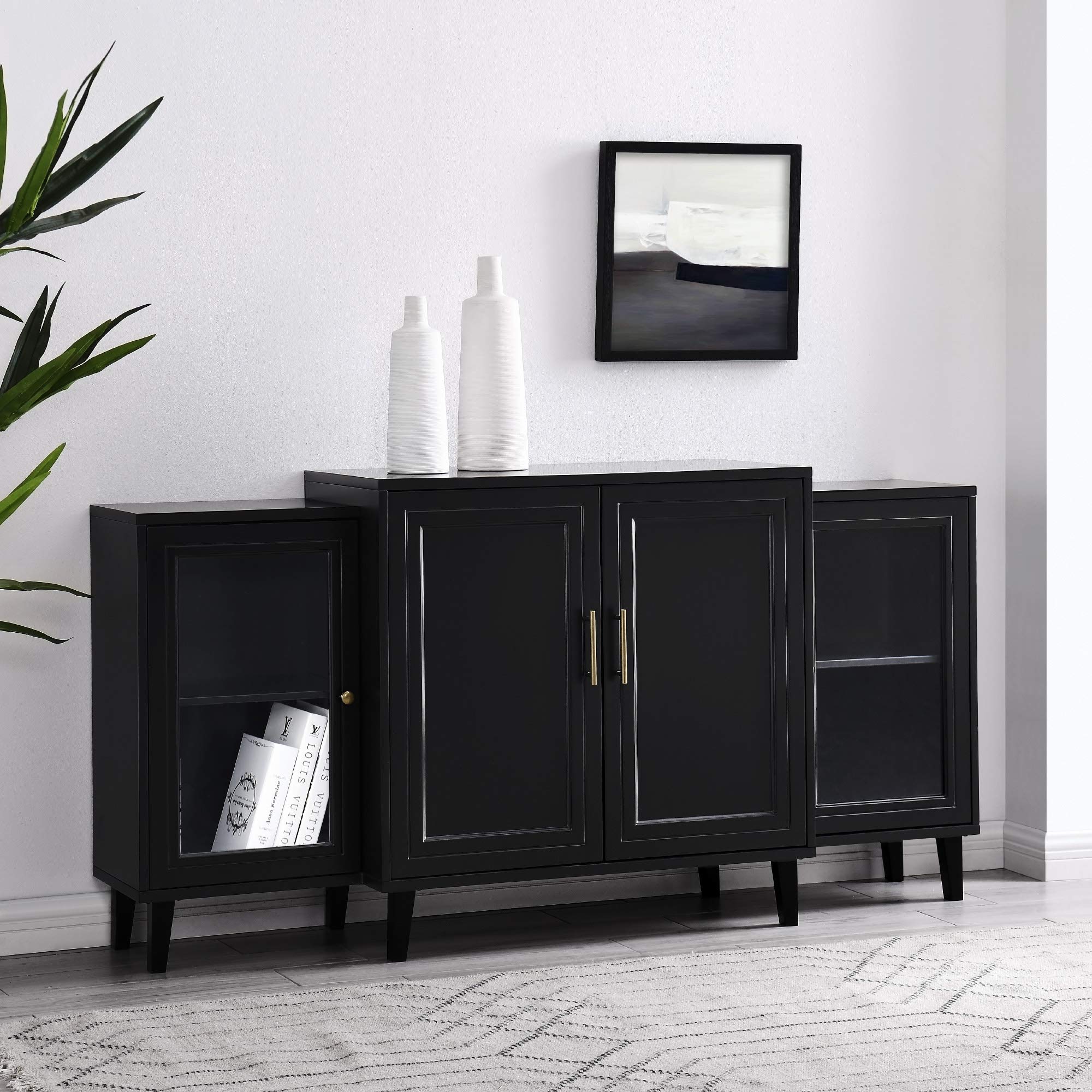 Walker Edison 4-Door Tiered Modern Sideboard Buffet Stand - 62 Inch Black Storage Cabinet for Dining Room, Living Room & Entryway Organization