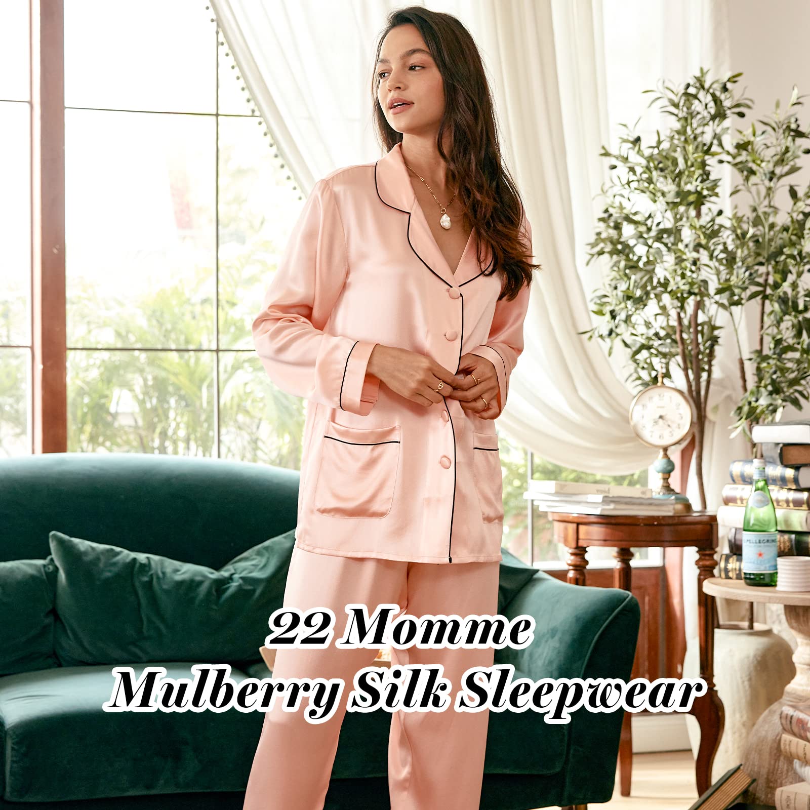 Luxury 100% Mulberry Silk Pajamas Set for Women - Slim Fit Long Sleeve Sleepwear & Loungewear - 22 Momme Silk Nightwear for Relaxation, Sleep & Home Comfort