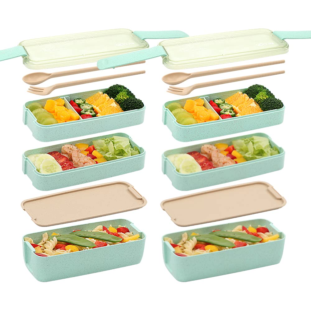 Ozazuco 3-in-1 Compartment Bento Box - Eco-Friendly Wheat Straw Japanese Lunch Box, Leakproof Meal Prep Container for Kids & Adults (2-Pack, Green) - Perfect for School, Office & Picnic Lunches