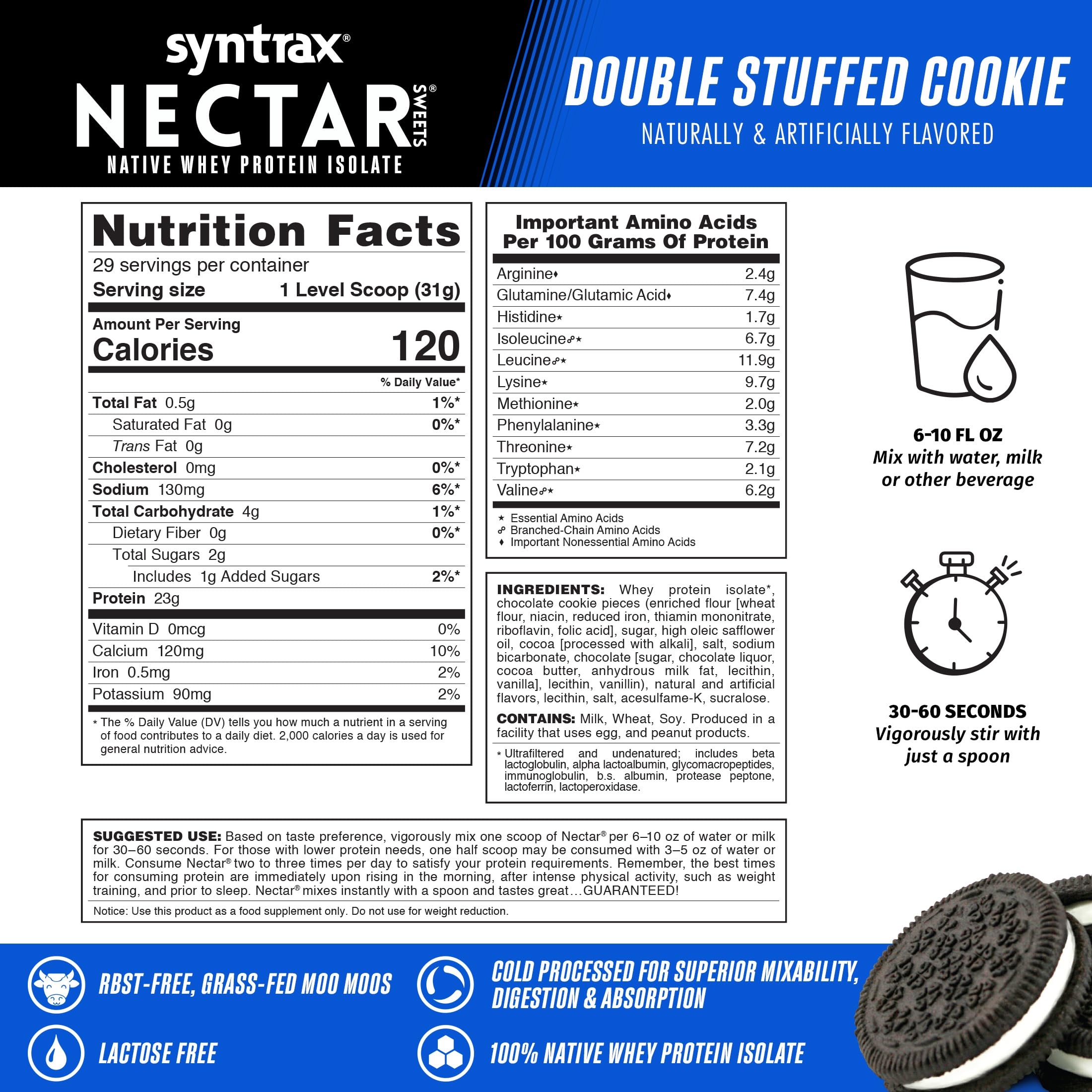 Syntrax Nectar Sweets 100% Whey Protein Isolate Powder with Real Cookie Pieces - Double Stuffed Cookie Flavor - 2 lb (907g) for Post-Workout Recovery & Muscle Growth - Perfect for Smoothies, Baking & Healthy Snacks