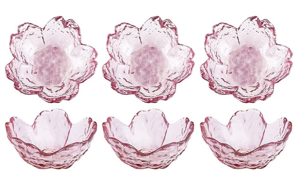 6 Pcs Sakura-Shaped Glass Seasoning Dishes - 3.4 Inch Small Dipping Bowls, Appetizer Plates & Cute Crystal Dessert Bowls in Pink - Perfect for Sushi, Soy Sauce, Snacks & Party Serving
