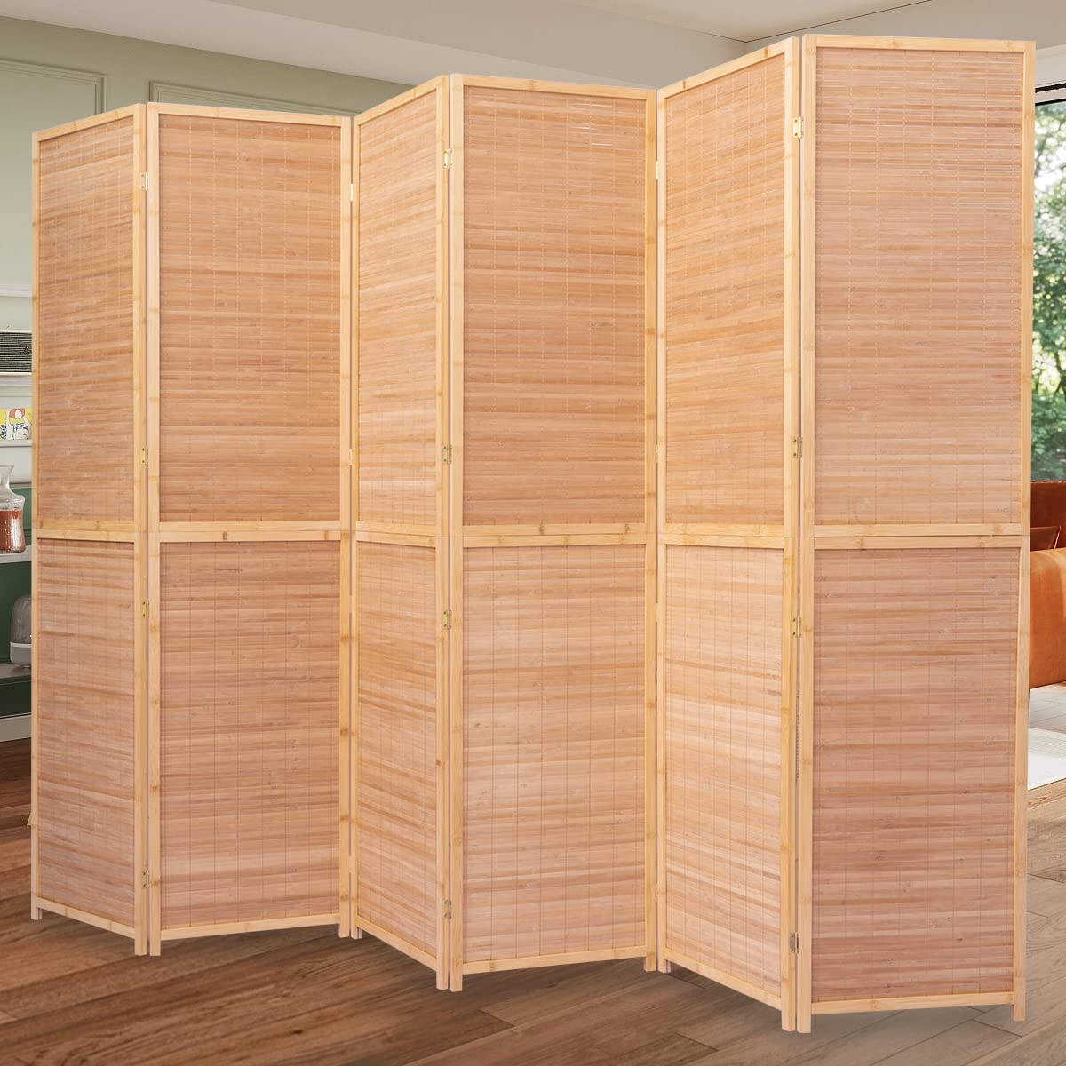 6 FT Tall Bamboo Room Divider - 6 Panel Folding Privacy Screen with Woven Mesh Design | Portable Freestanding Partition for Home, Office & Event Separation | Natural Brown Finish for Indoor/Outdoor Use