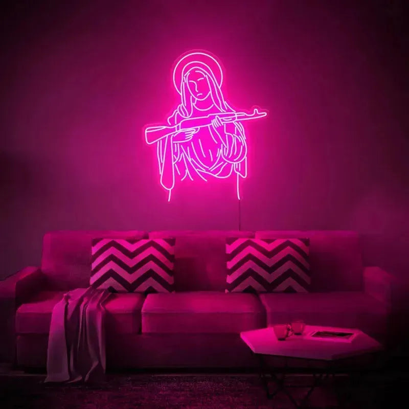 CHUANGQI Virgin Mary & AK47 Neon Sign Light - 42x47cm USB Powered Wall Art for Home, Bar, Party & Club Decor - Unique Blessed Gift for Christmas & Birthday