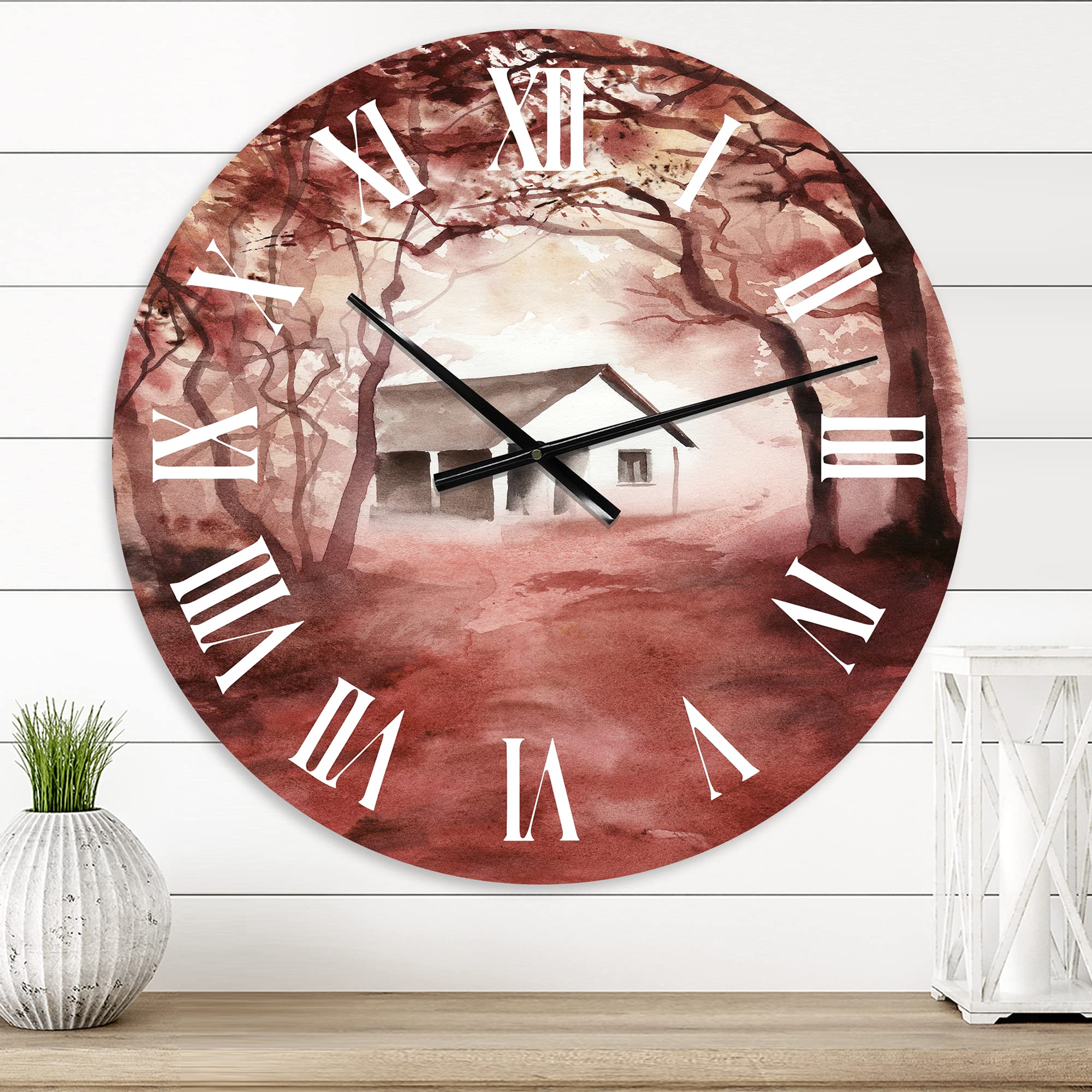 DesignQ Cabin & Lodge Wall Clock - 'House in Red Autumn Woods' Landscape Nature Decor - Large Rustic Wall Clock for Bedroom, Living Room & Cabin Decor - Perfect for Farmhouse, Lodge & Home Office