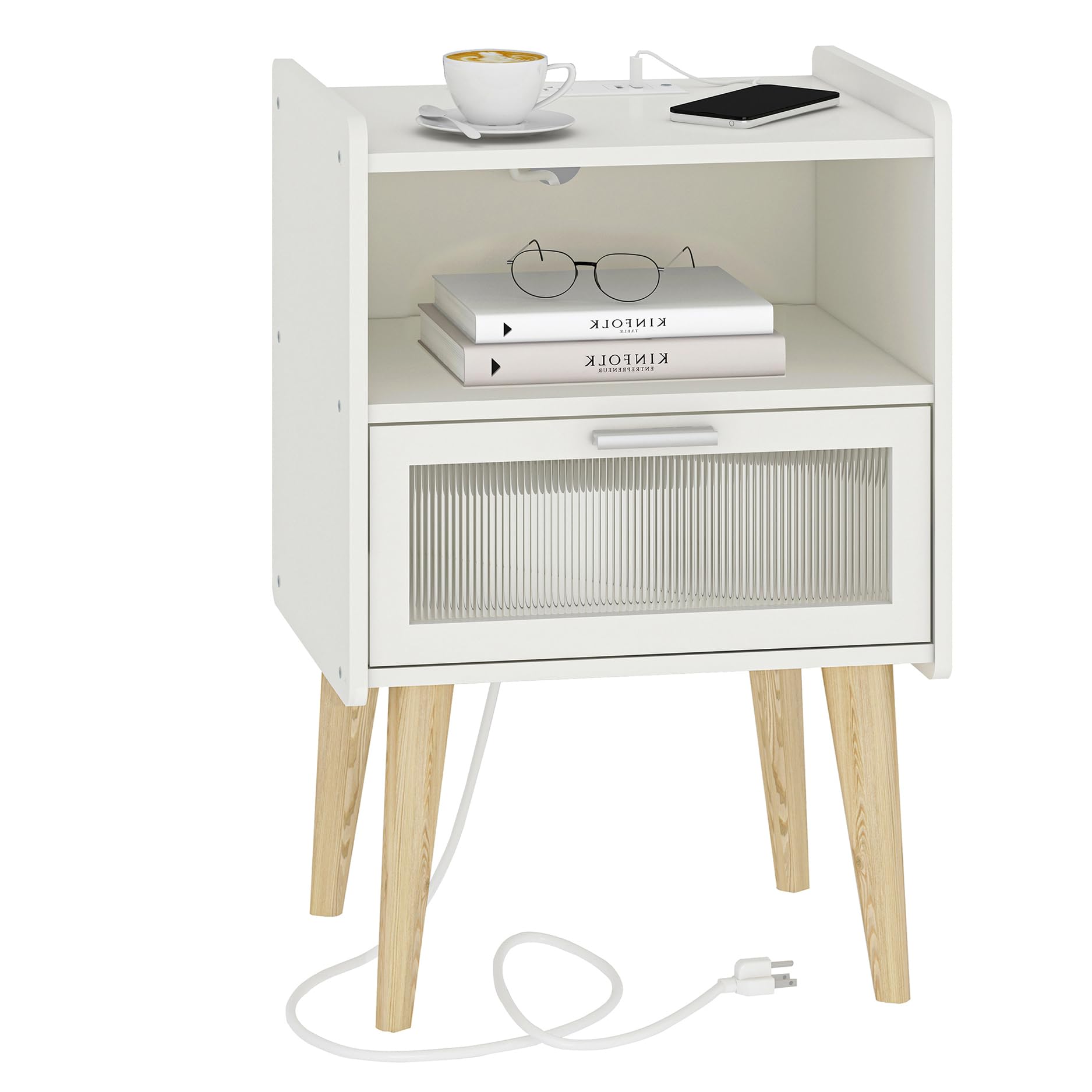 Modern Nightstand with USB Charging Station & Glass Decorative Door - 2-Tier Bedside Table with Storage for Bedroom & Living Room - White End Table for Phone Charging & Home Decor (CAMLBZ07WE) - Perfect for Small Spaces, Apartment Essentials & Gift Ideas