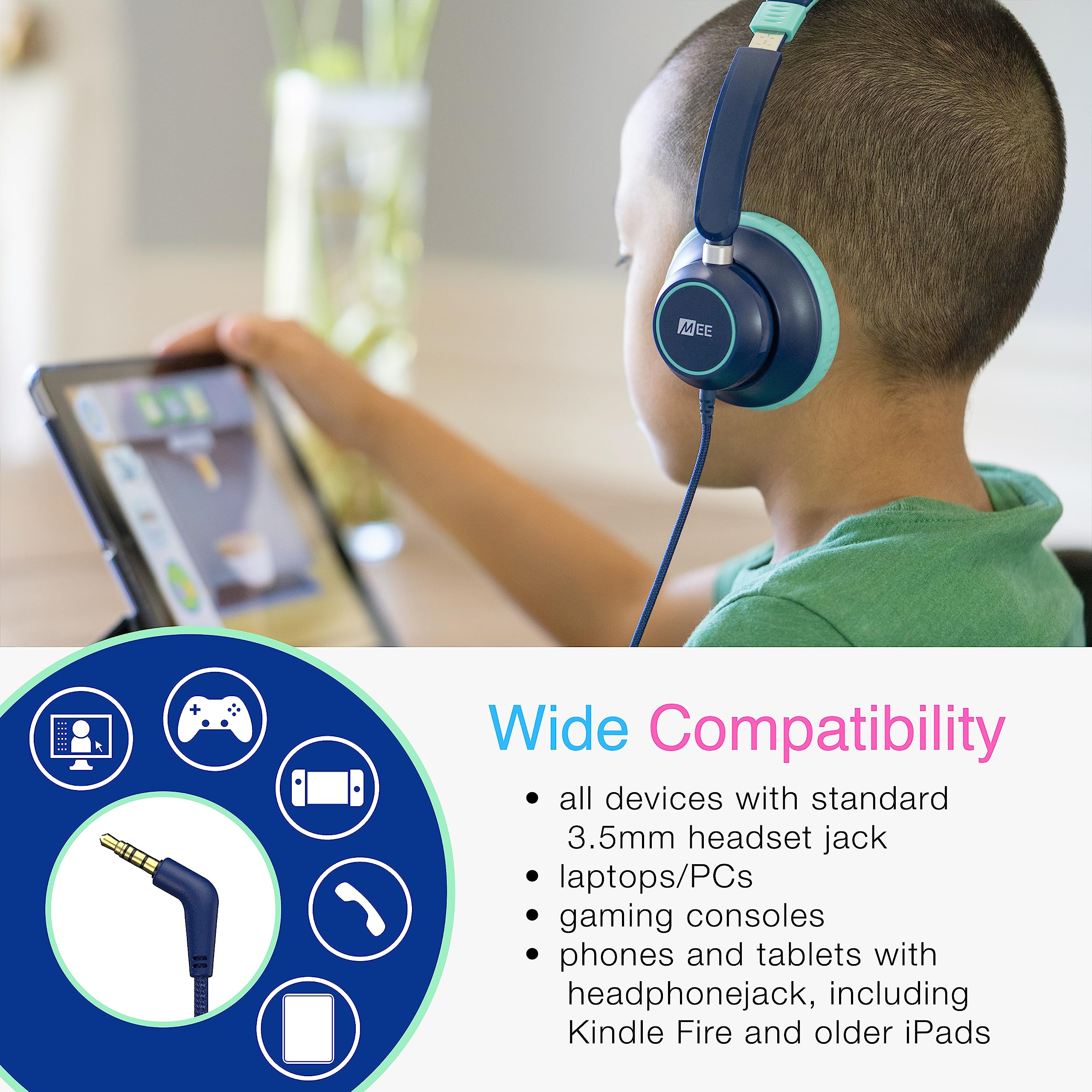 MEE audio KidJamz KJ45 Kids Headphones with Volume Limiter & Mic - Safe On-Ear Adjustable Headset for Children, 3.5mm Wired (Blue/Teal) - Perfect for Online Classes, Homeschooling, Travel & Tablet Use