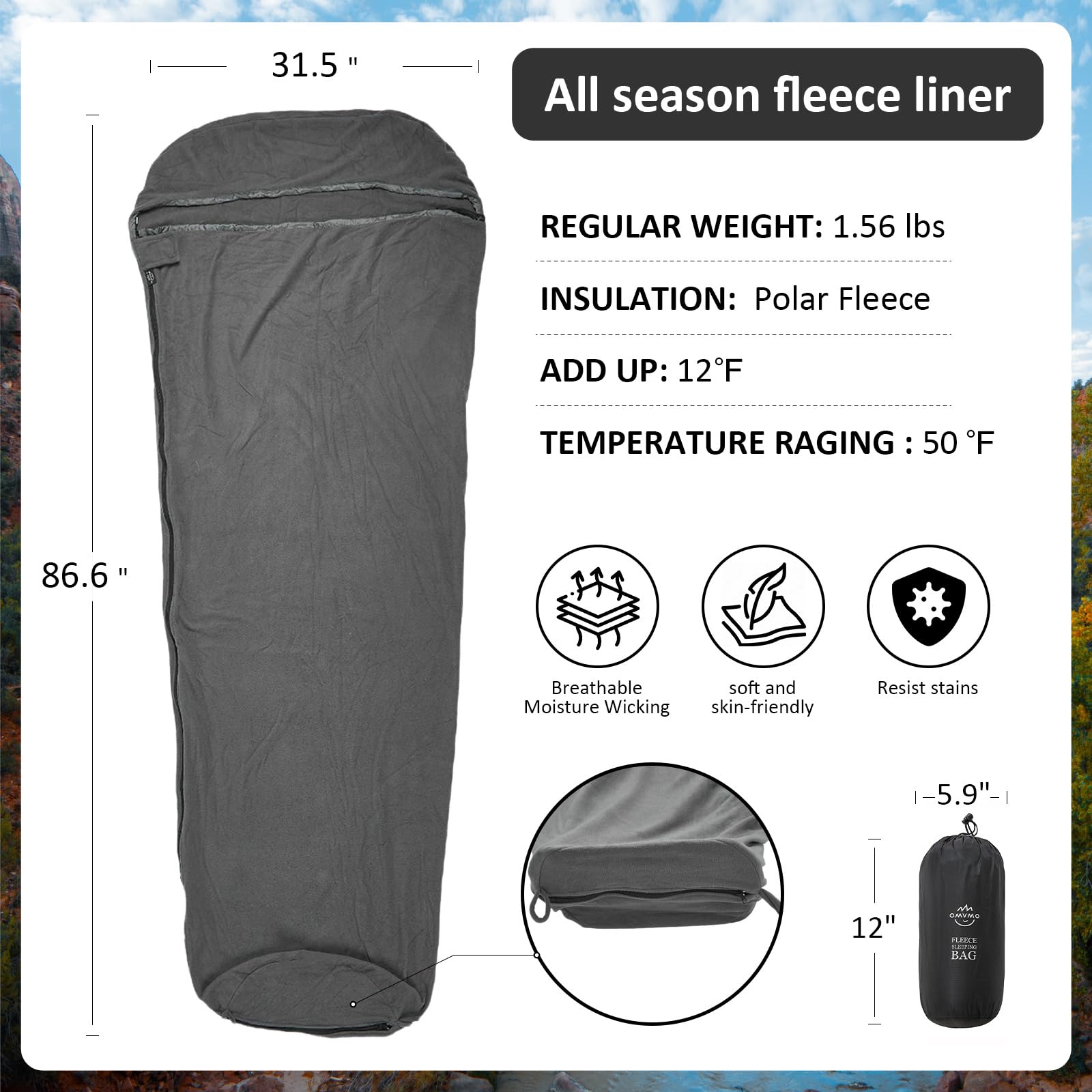 50°F Polar Fleece Mummy Sleeping Bag Liner for Adults - Adds 12°F Warmth to Sleeping Bags | Lightweight Travel Sheet for Camping, Hiking & Hotel Use | Machine Washable & Compact for Outdoor Adventures