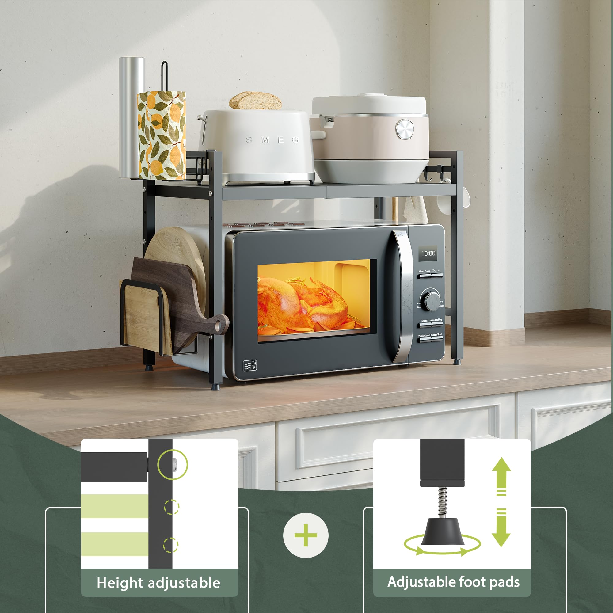 NETEL Expandable 2-Tier Metal Microwave Stand - Kitchen Countertop Organizer with Paper Towel Holder & Storage Baskets - 55lbs Capacity - Perfect for Small Spaces, Apartments, and Kitchen Organization