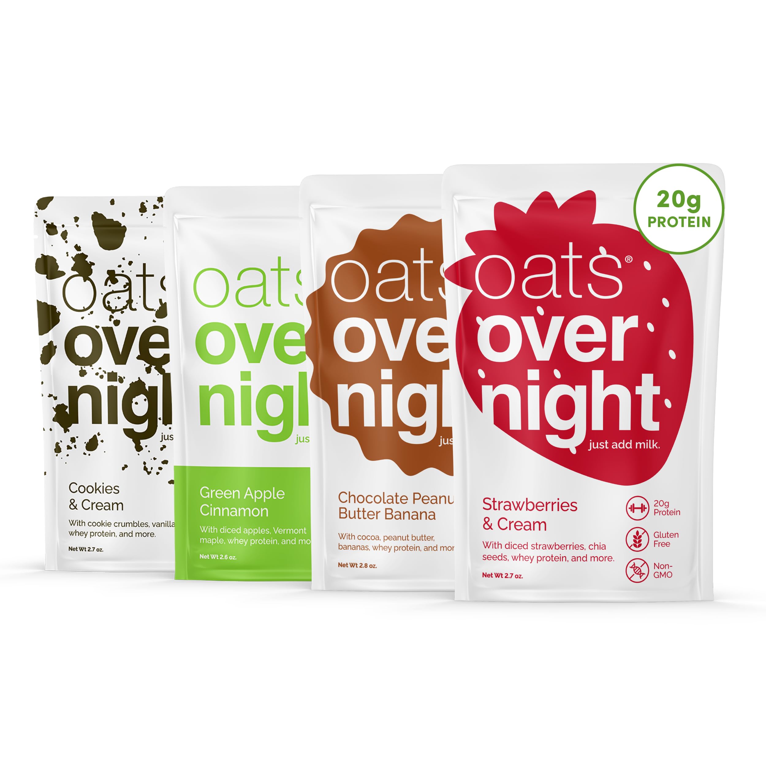 Oats Overnight Classic Variety Pack - High Protein & Fiber Gluten Free Oatmeal Breakfast Shake | Non-GMO, Green Apple Cinnamon & Cookies & Cream Flavors (16 Pack) - Perfect for Quick Healthy Breakfasts, Post-Workout Recovery & On-the-Go Nutrition