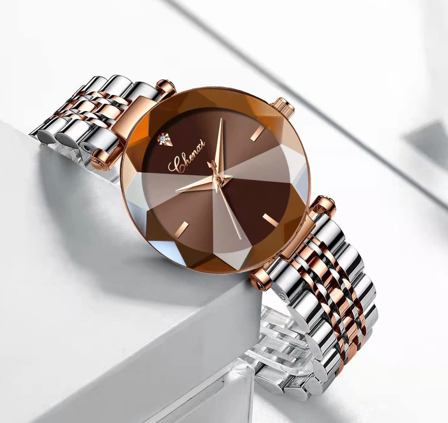 Elegant Women's Analog Quartz Watch with 3D Dial & Rose Gold Mesh Strap - Perfect for Office, Party & Everyday Wear (Brown)