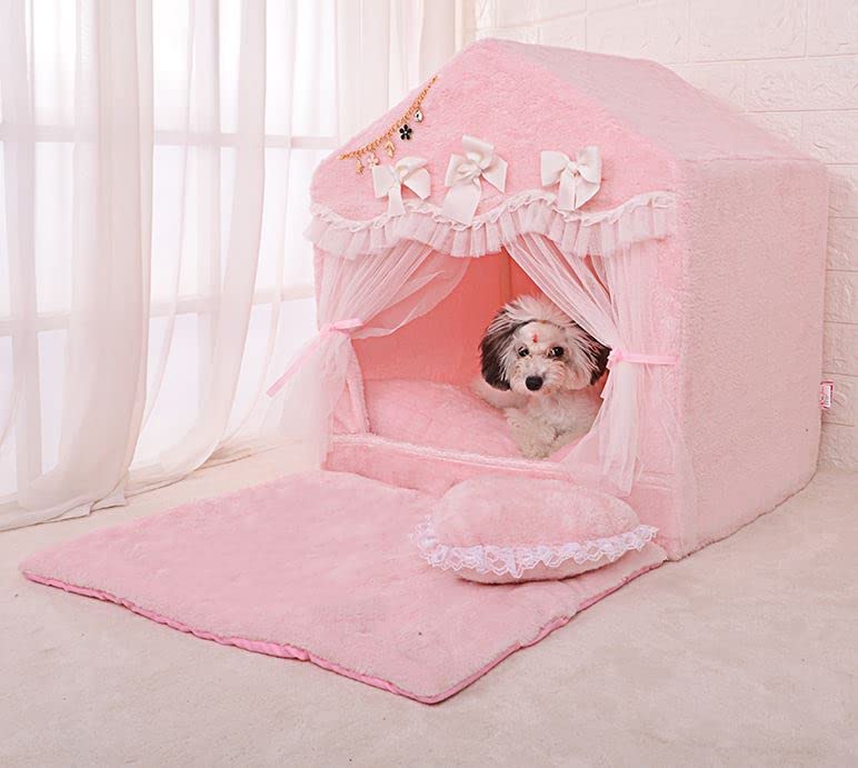 Handmade Princess Pet Bed for Small Dogs & Cats - Washable Removable Sofa Cushion with Frame Cover, Warm Cozy Tent House (Pink, Medium) - Perfect for Indoor Lounging & Nap Time Comfort