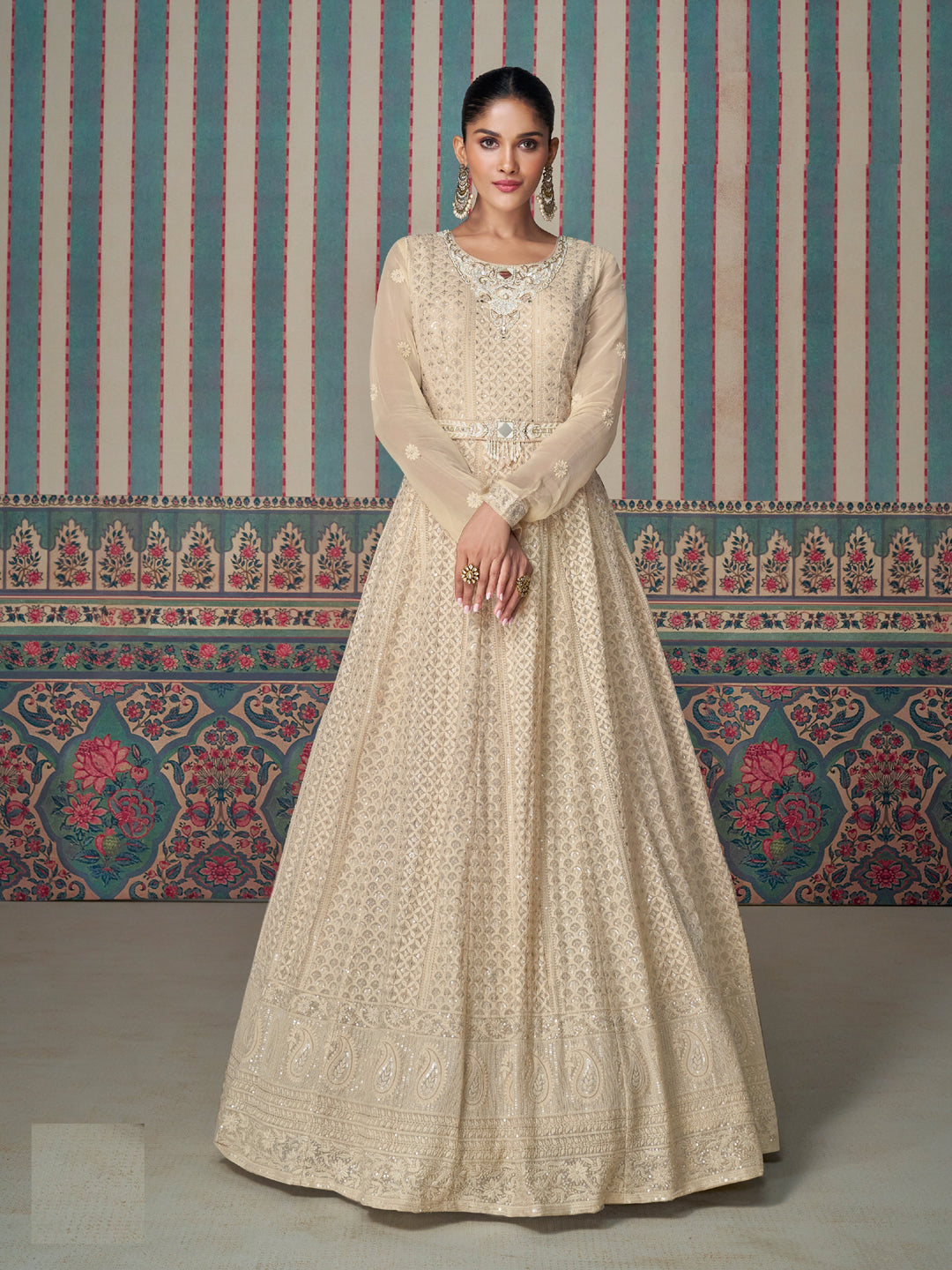Elegant Beige Anarkali Suit for Women - Heavy Chikankari Embroidery Party Wear | Perfect for Weddings, Festivals & Special Occasions