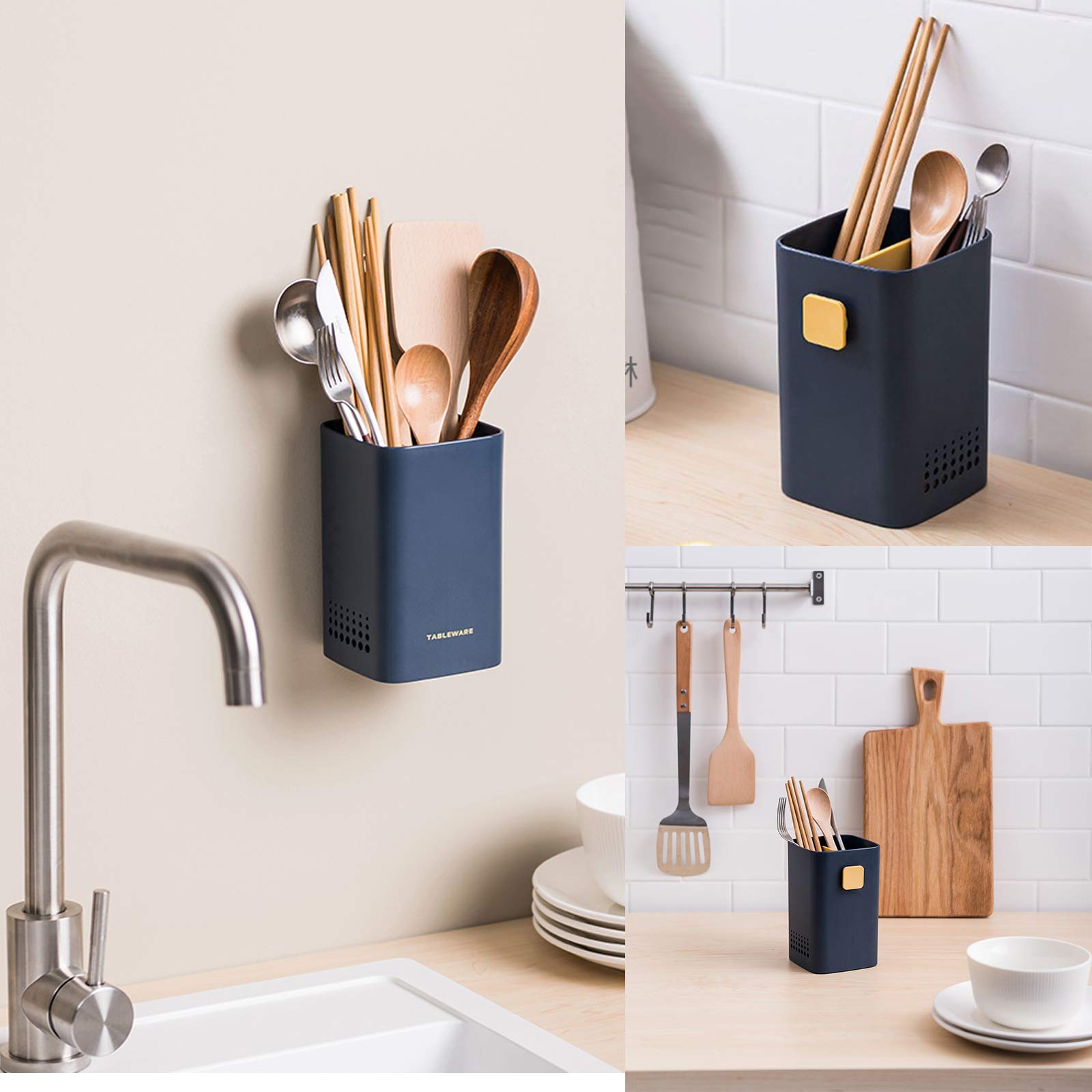 Stainless Steel Kitchen Utensil Holder - Countertop & Wall Mount Cutlery Organizer with Drain Holes - Perfect for Spoons, Forks, Chopsticks Storage - Ideal for Kitchen Counter, Dining Table, or Pantry Organization