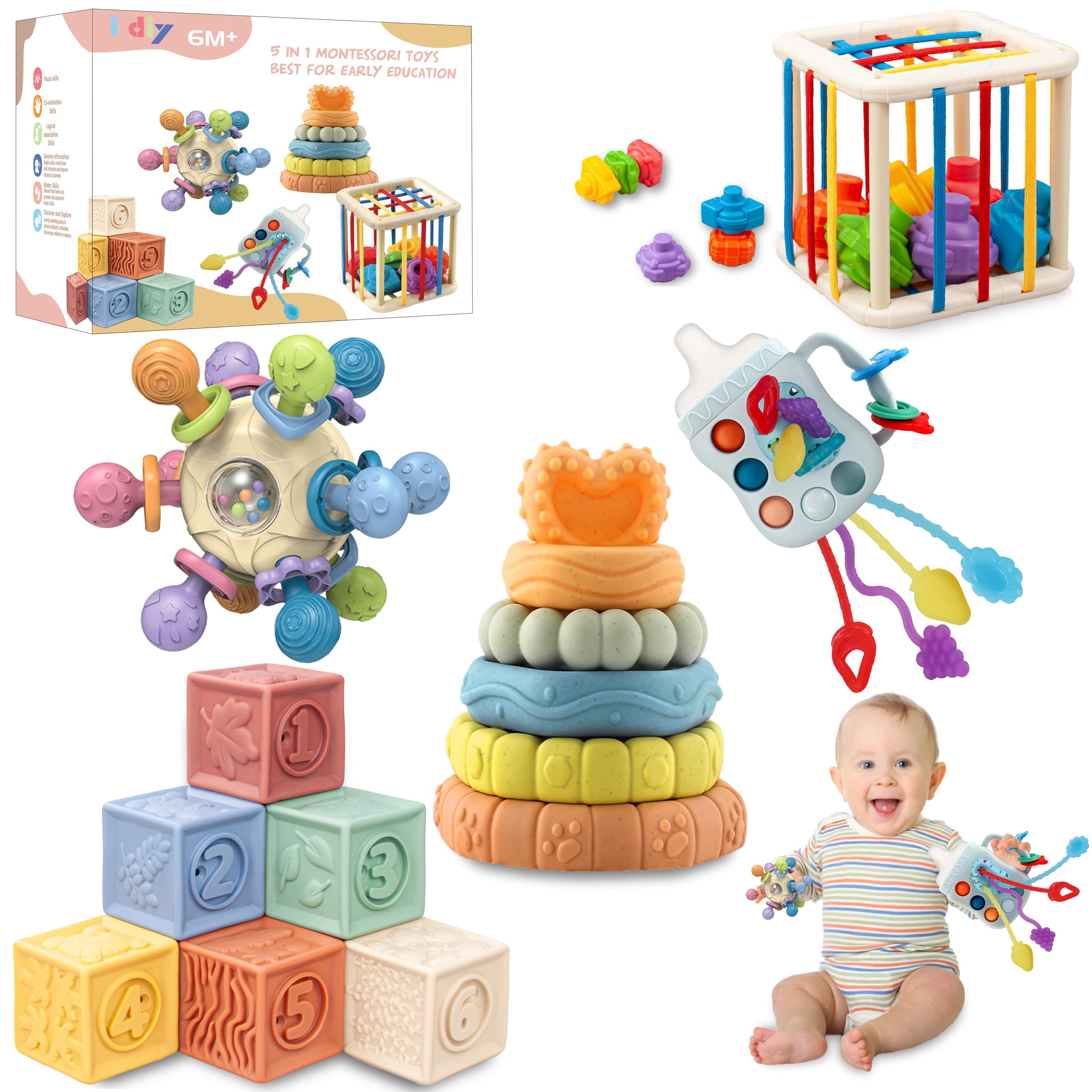 Montessori Baby Toys 0-18 Months - Pull String Toy, Shape Sorter, Stacking Blocks, Manhattan Ball & Building Blocks - Educational Learning Toys for Infants & Toddlers - Perfect for Early Development, Sensory Play & Motor Skills