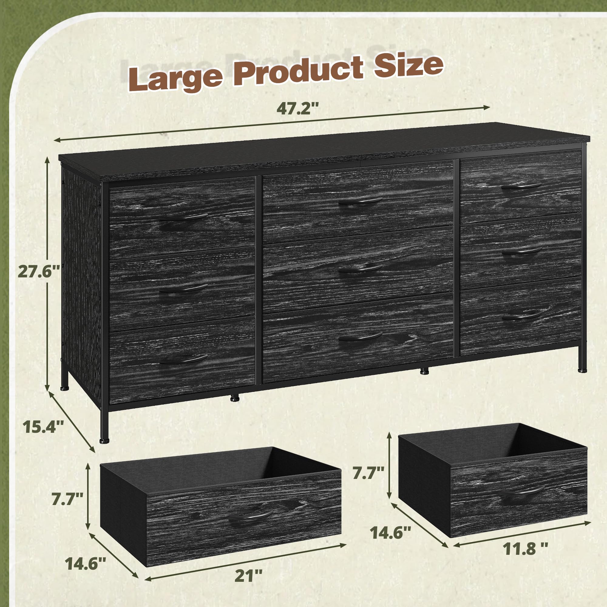 EnHomee 60'' TV Stand Dresser with 9 Drawers - Sturdy Metal Frame & Wood Top Fabric Dresser for Bedroom, Living Room, Closet - Charcoal Black | Perfect for TV Storage, Bedroom Organization & Living Room Furniture