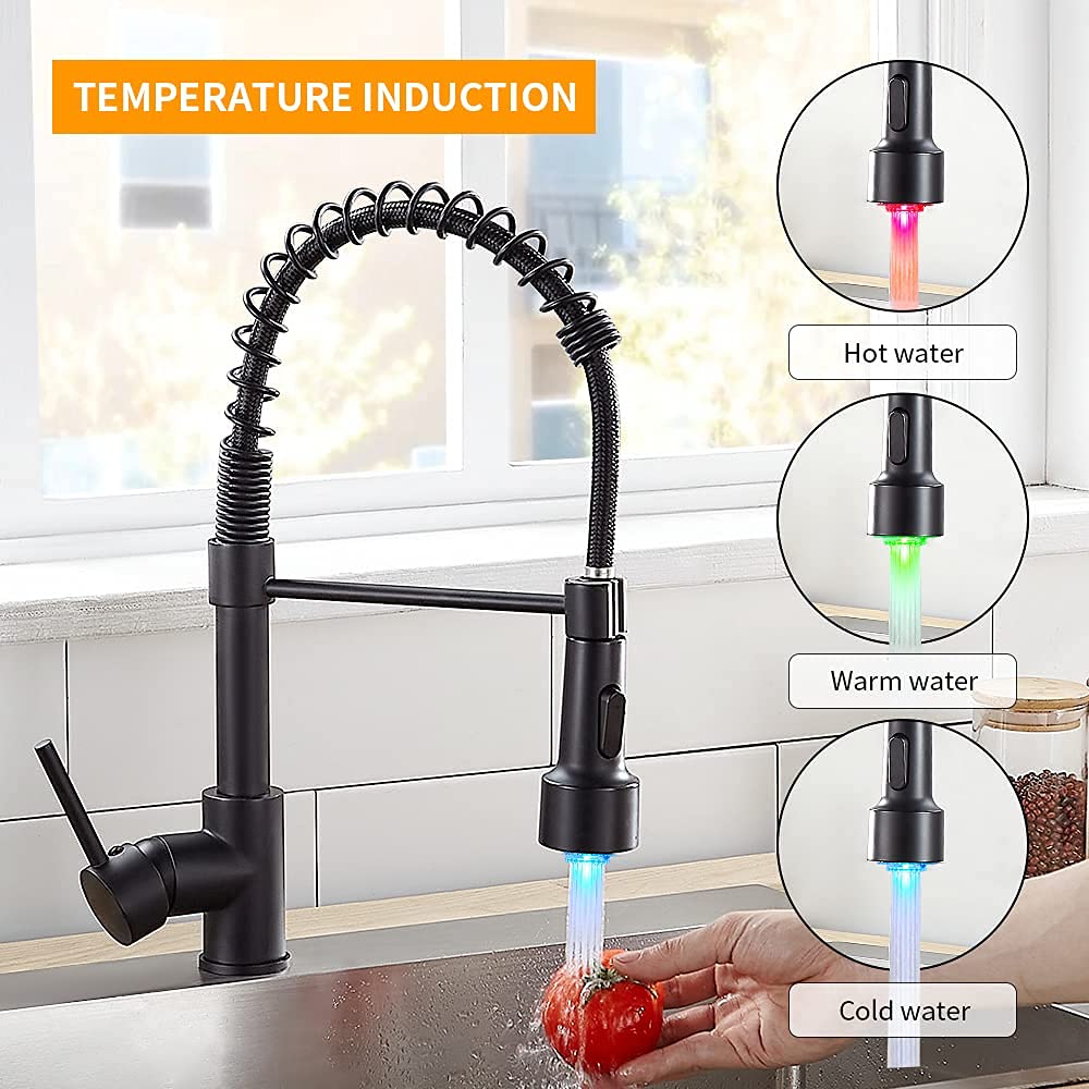 OWOFAN Matte Black LED Light Kitchen Sink Faucet with Pull Down Sprayer and Soap Dispenser - Modern Touchless Water Saving Faucet for Home, Restaurant & Commercial Use