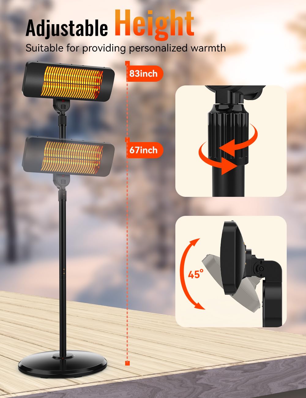 BALKO 1500W Outdoor Infrared Heater with Remote, 12H Timer & 3 Heat Levels - IP54 Waterproof Garage Heater Covers 300 Sq.Ft - Tip-Over Protection & Towel Bracket - 83 Inch Patio Heater for Backyard, Deck, Garden, and Outdoor Dining Areas